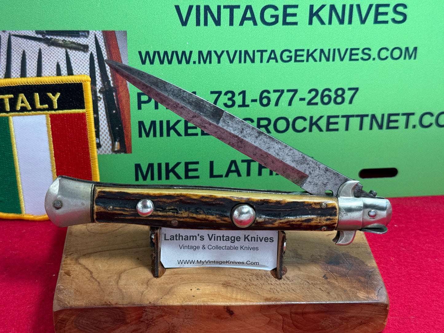 STERILE "UNSTAMPED S. COPP ERA" ITALIAN MANIAGO 1920-30 FLAT GUARD STILETTO 28 CM ITALIAN AUTOMATIC KNIFE STAG HANDLES
