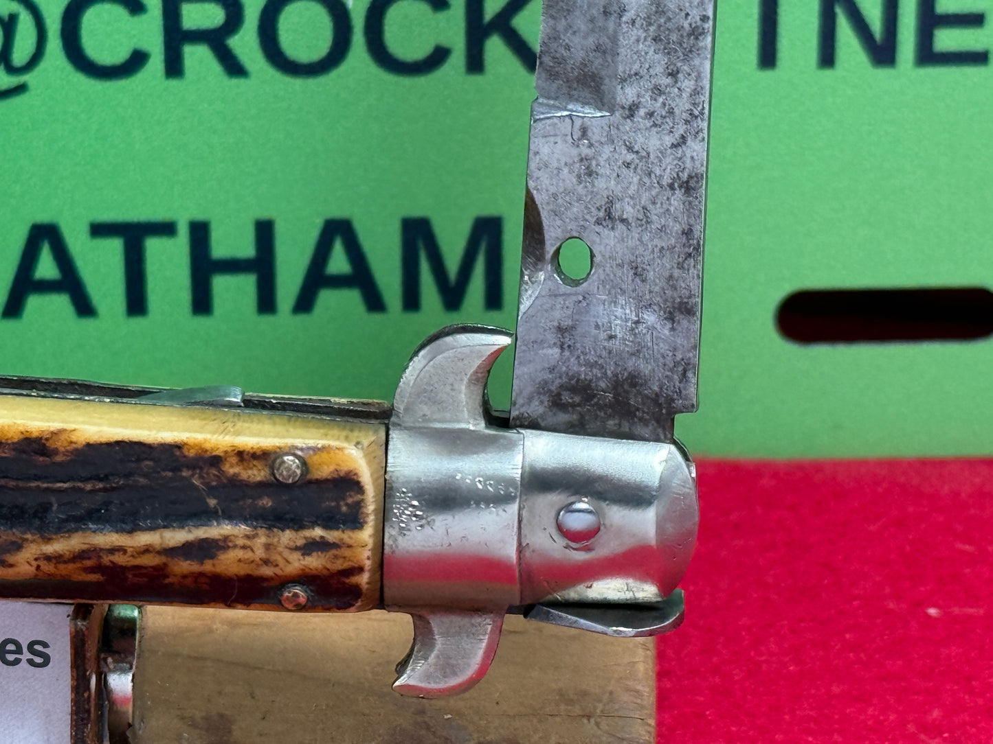 STERILE "UNSTAMPED S. COPP ERA" ITALIAN MANIAGO 1920-30 FLAT GUARD STILETTO 28 CM ITALIAN AUTOMATIC KNIFE STAG HANDLES