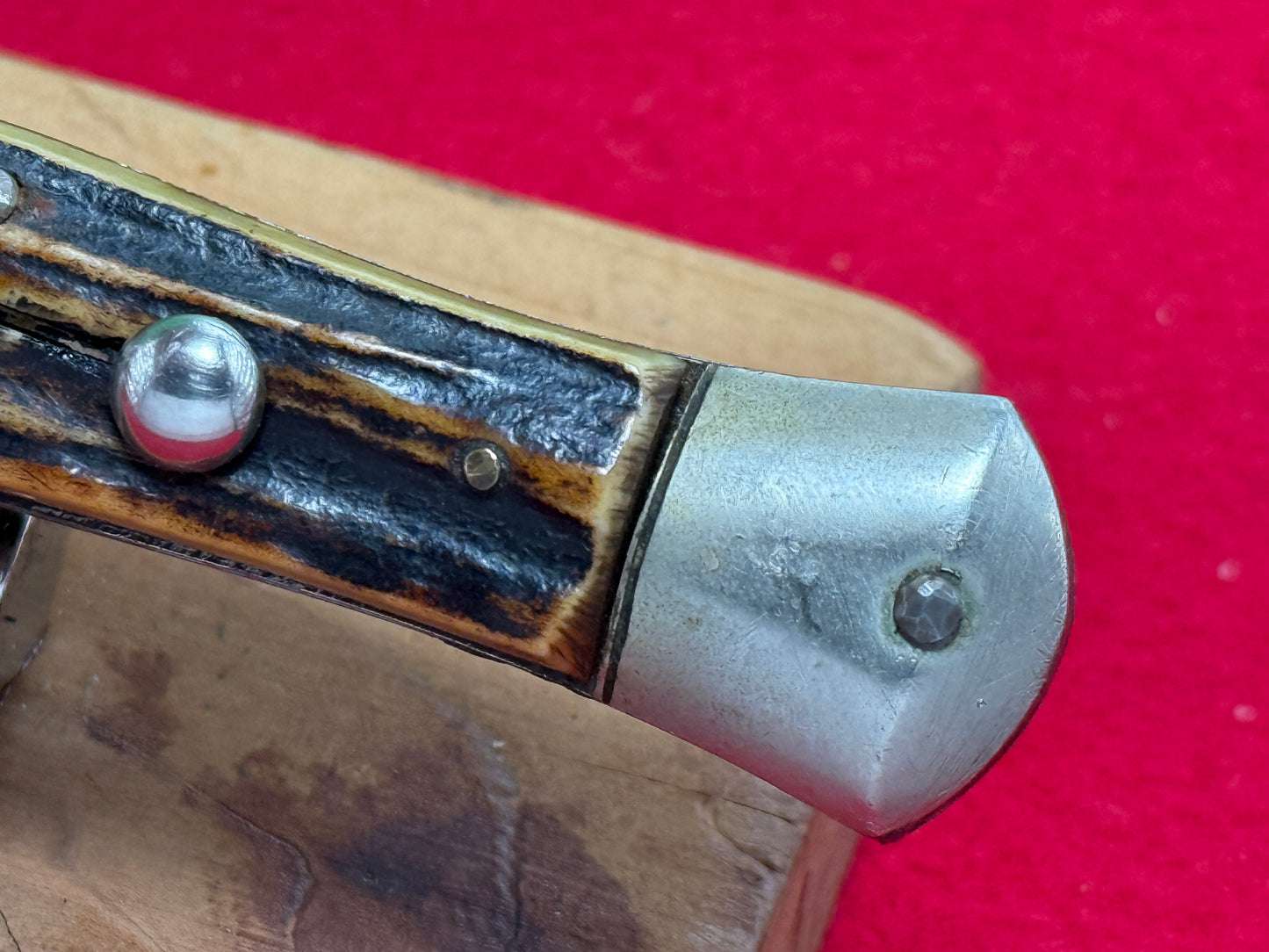 STERILE "UNSTAMPED S. COPP ERA" ITALIAN MANIAGO 1920-30 FLAT GUARD STILETTO 28 CM ITALIAN AUTOMATIC KNIFE STAG HANDLES