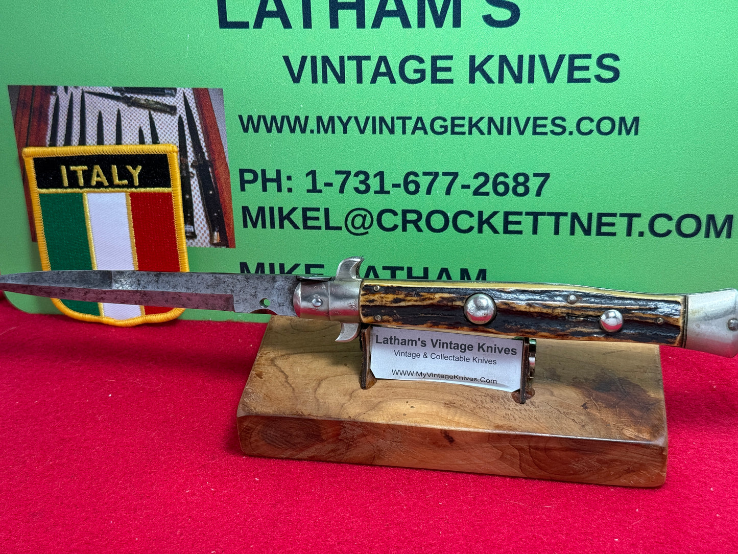 STERILE "UNSTAMPED S. COPP ERA" ITALIAN MANIAGO 1920-30 FLAT GUARD STILETTO 28 CM ITALIAN AUTOMATIC KNIFE STAG HANDLES