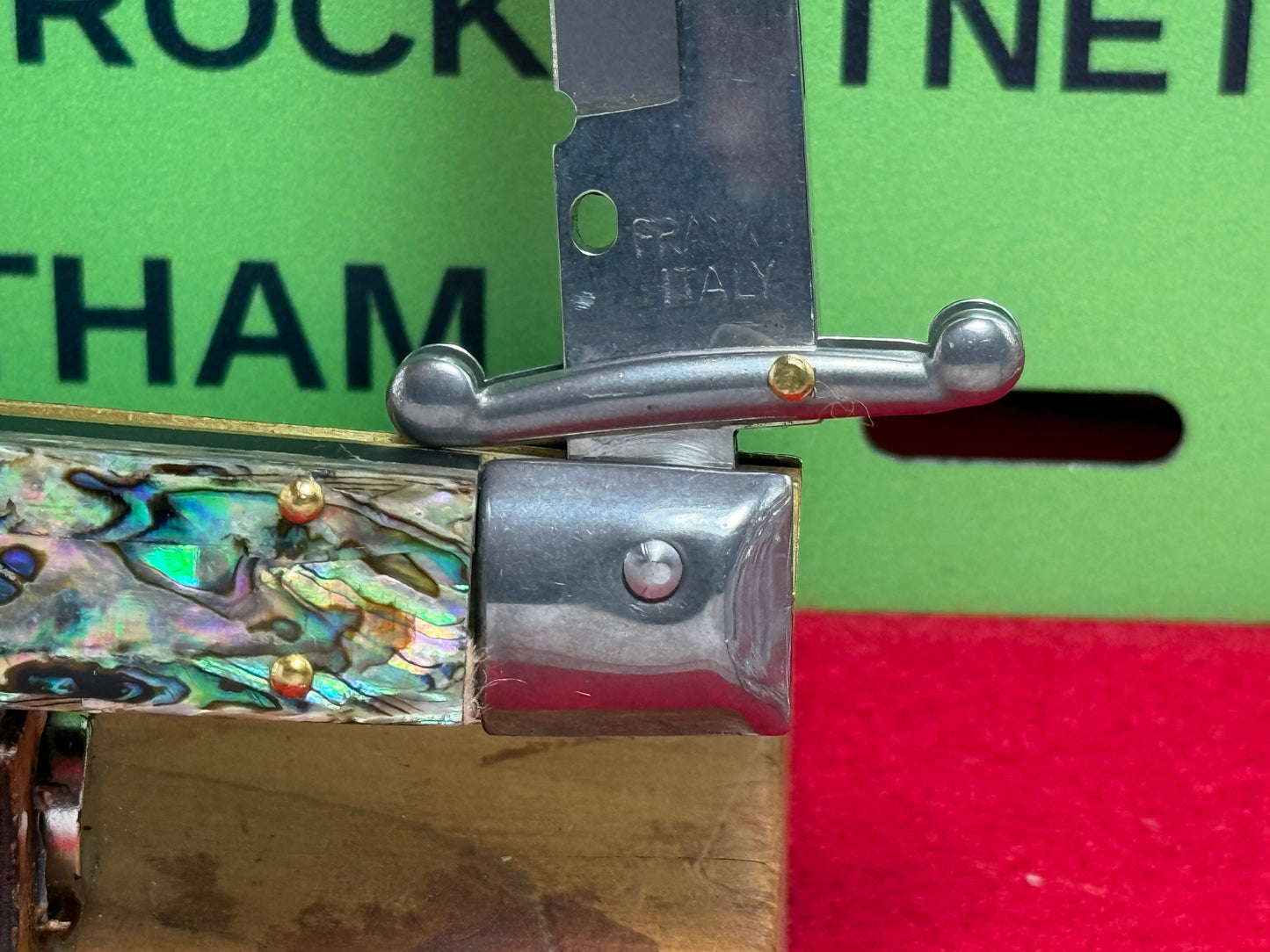 FRANK "B" ITALY 2025 SWING GUARD LOCK BACK 28 CM ITALIAN AUTOMATIC KNIFE ABALONE PEARL HANDLES