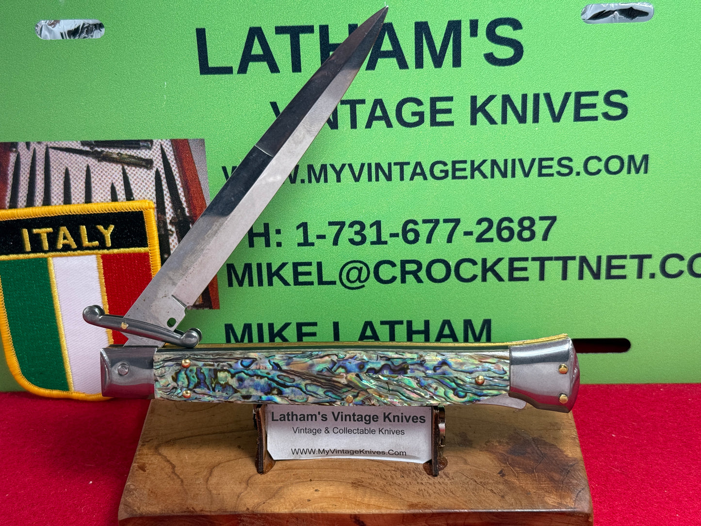 FRANK "B" ITALY 2025 SWING GUARD LOCK BACK 28 CM ITALIAN AUTOMATIC KNIFE ABALONE PEARL HANDLES