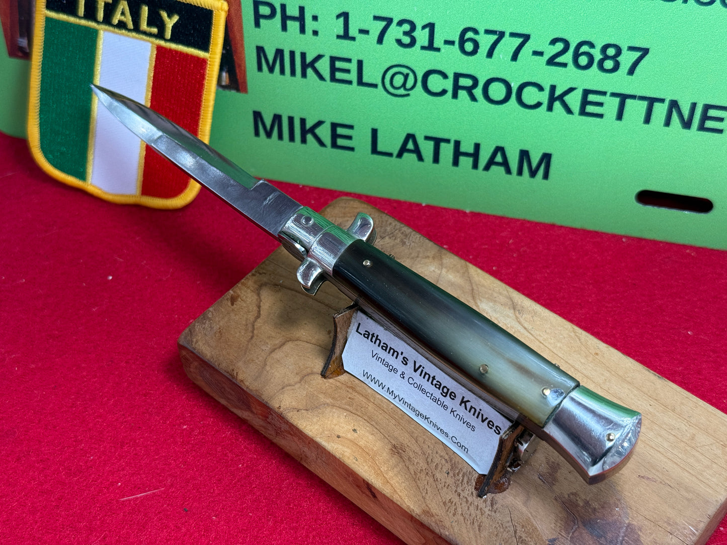 EIG CUTLERY ITALY 1950-56 PICK LOCK STILETTO 20 CM ITALIAN AUTOMATIC KNIFE BUFFALO HORN HANLDES