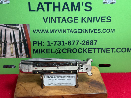M.I. GERMANY SOLINGEN 1955-65 LEVER AUTOMATIC SHELL PULLER GERMAN AUTOMATIC KNIFE BROWN JIGGED BONE HANDLES