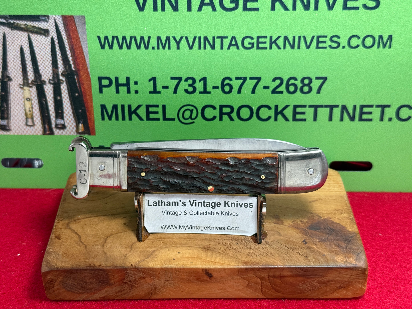 M.I. GERMANY SOLINGEN 1955-65 LEVER AUTOMATIC SHELL PULLER GERMAN AUTOMATIC KNIFE BROWN JIGGED BONE HANDLES