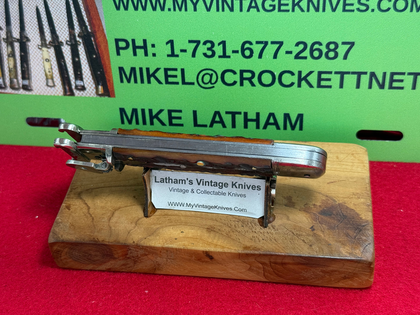 M.I. GERMANY SOLINGEN 1955-65 LEVER AUTOMATIC SHELL PULLER GERMAN AUTOMATIC KNIFE BROWN JIGGED BONE HANDLES