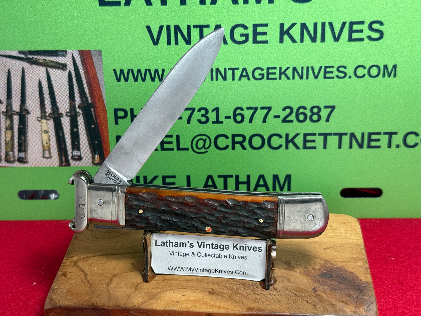 M.I. GERMANY SOLINGEN 1955-65 LEVER AUTOMATIC SHELL PULLER GERMAN AUTOMATIC KNIFE BROWN JIGGED BONE HANDLES