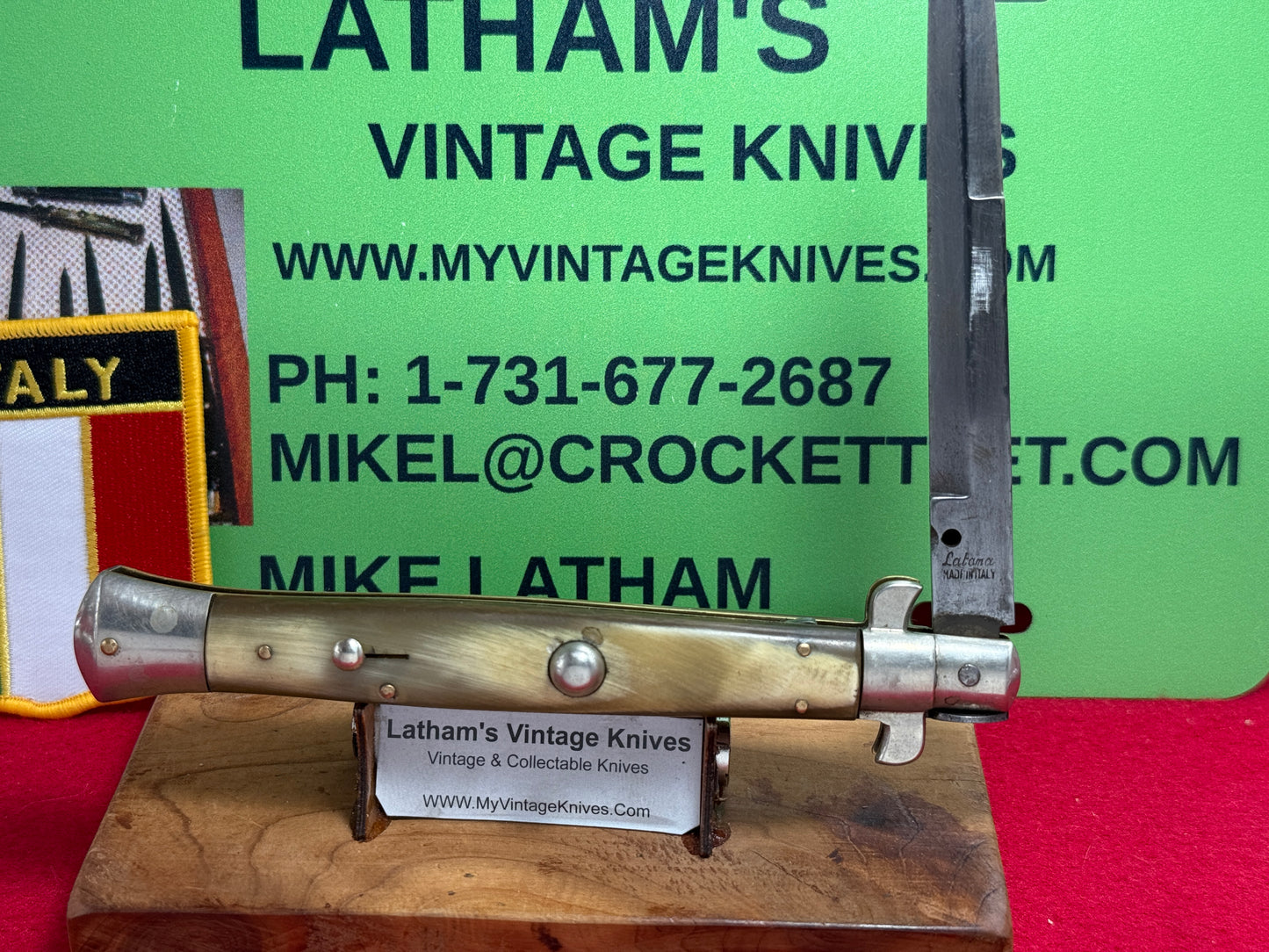 LATAMA MADE in ITALY 1947-49 PICK LOCK FLAT GUARD STILETTO 28 CM VINTAGE ITALIAN AUTOMATIC KNIFE BRAZILIAN HORN HANDLES