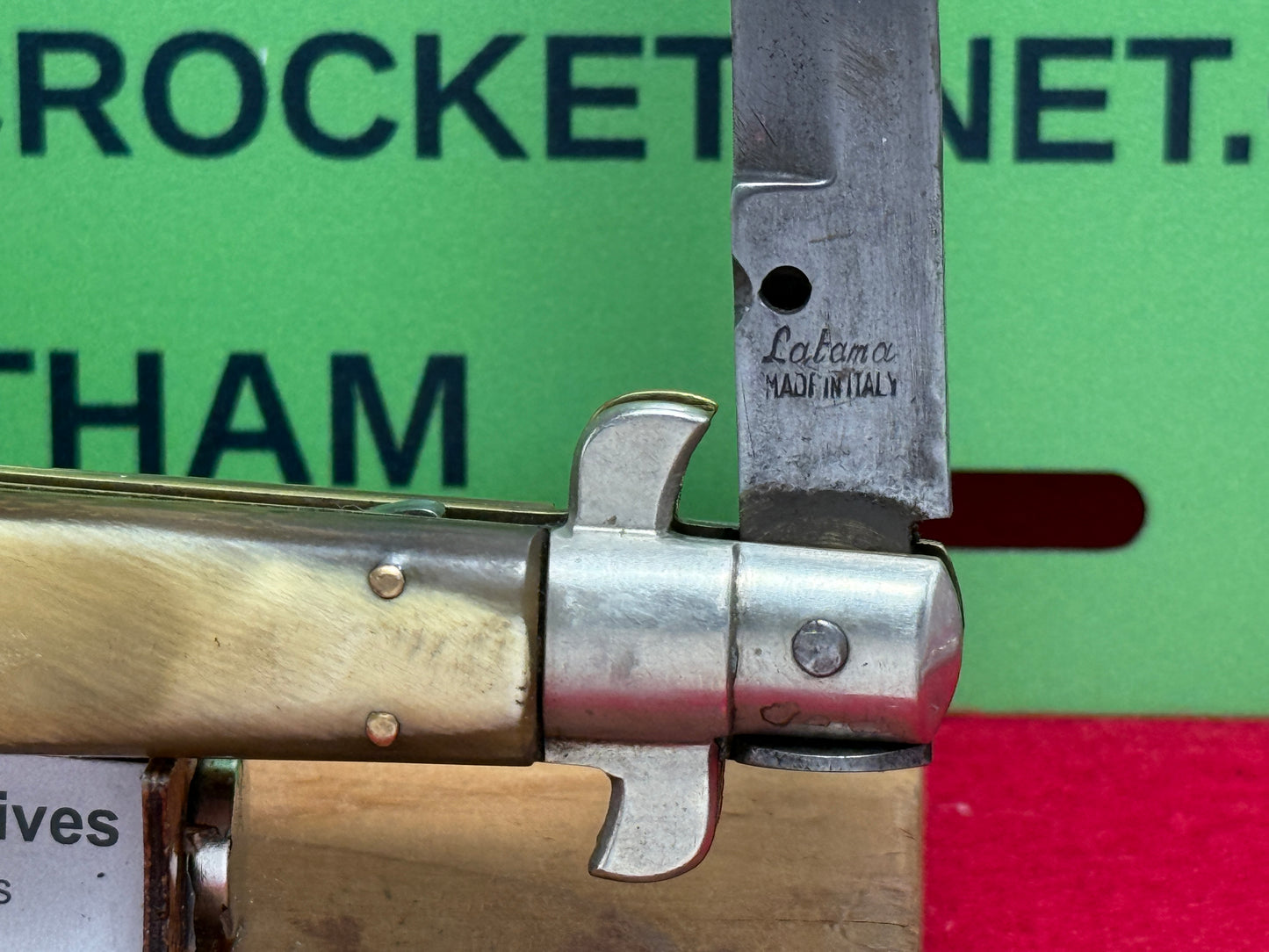 LATAMA MADE in ITALY 1947-49 PICK LOCK FLAT GUARD STILETTO 28 CM VINTAGE ITALIAN AUTOMATIC KNIFE BRAZILIAN HORN HANDLES