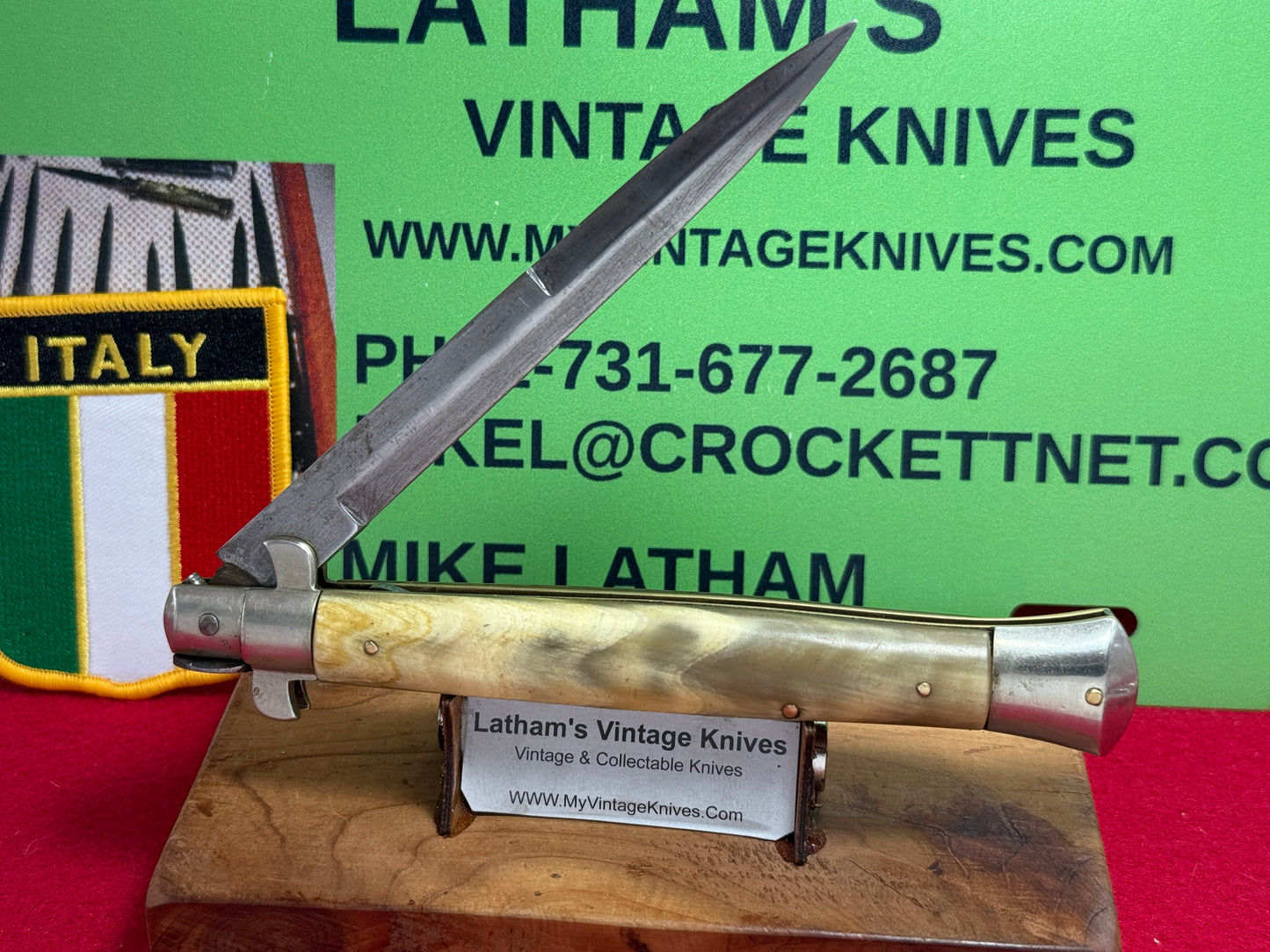 LATAMA MADE in ITALY 1947-49 PICK LOCK FLAT GUARD STILETTO 28 CM VINTAGE ITALIAN AUTOMATIC KNIFE BRAZILIAN HORN HANDLES
