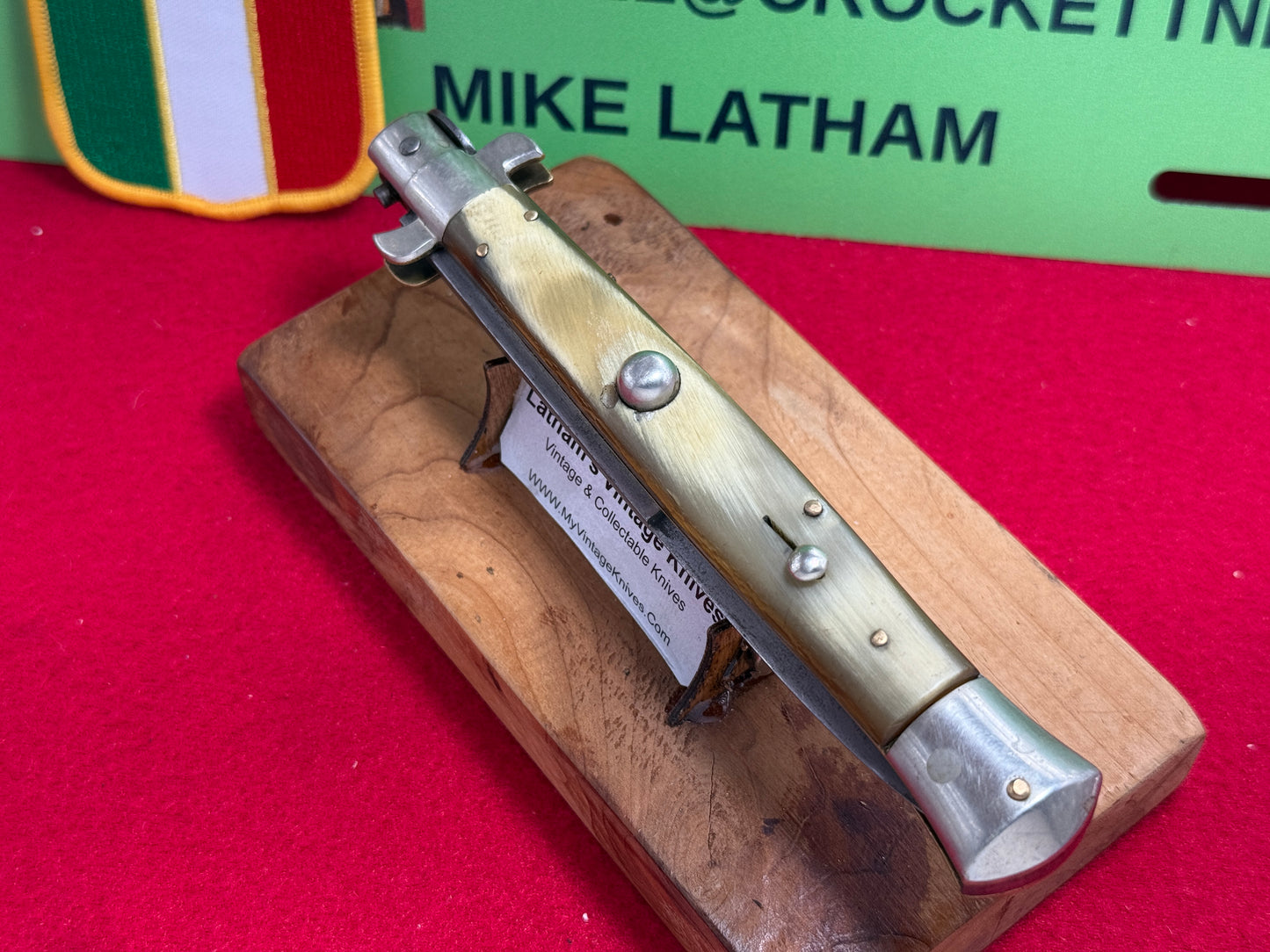 LATAMA MADE in ITALY 1947-49 PICK LOCK FLAT GUARD STILETTO 28 CM VINTAGE ITALIAN AUTOMATIC KNIFE BRAZILIAN HORN HANDLES