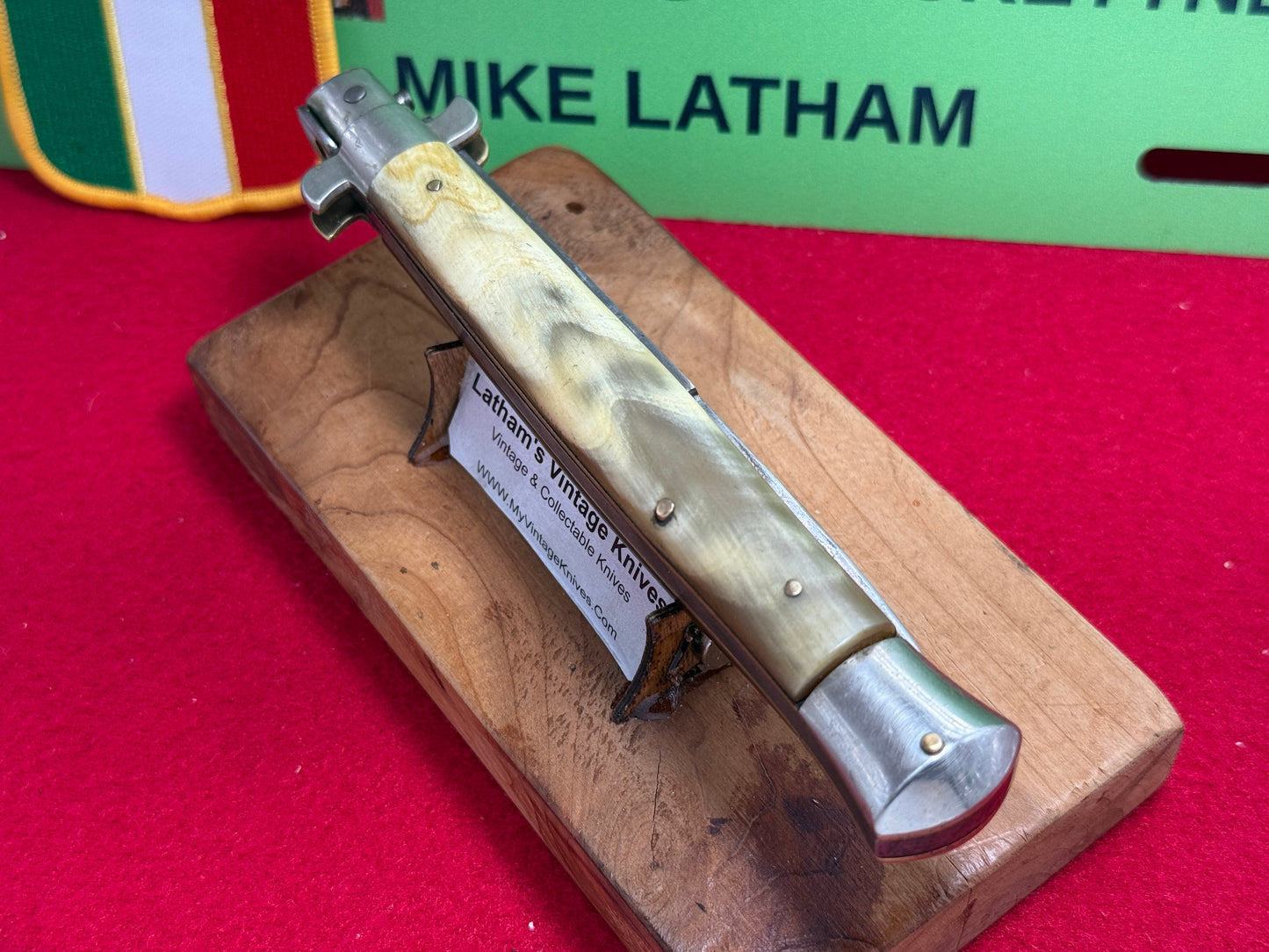 LATAMA MADE in ITALY 1947-49 PICK LOCK FLAT GUARD STILETTO 28 CM VINTAGE ITALIAN AUTOMATIC KNIFE BRAZILIAN HORN HANDLES