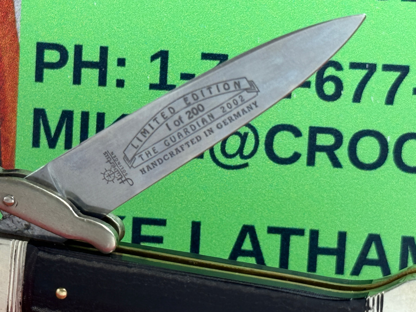 HUBERTUS SOLINGEN GERMANY 2002 SWING GUARD THE GUARDIAN LIMITED EDITION OF 200 #182 ENDURING FREEDOM MADE AFTER 9-11-2001 GERMAN AUTOMATIC KNIFE BLACK MICARTA HANDLES