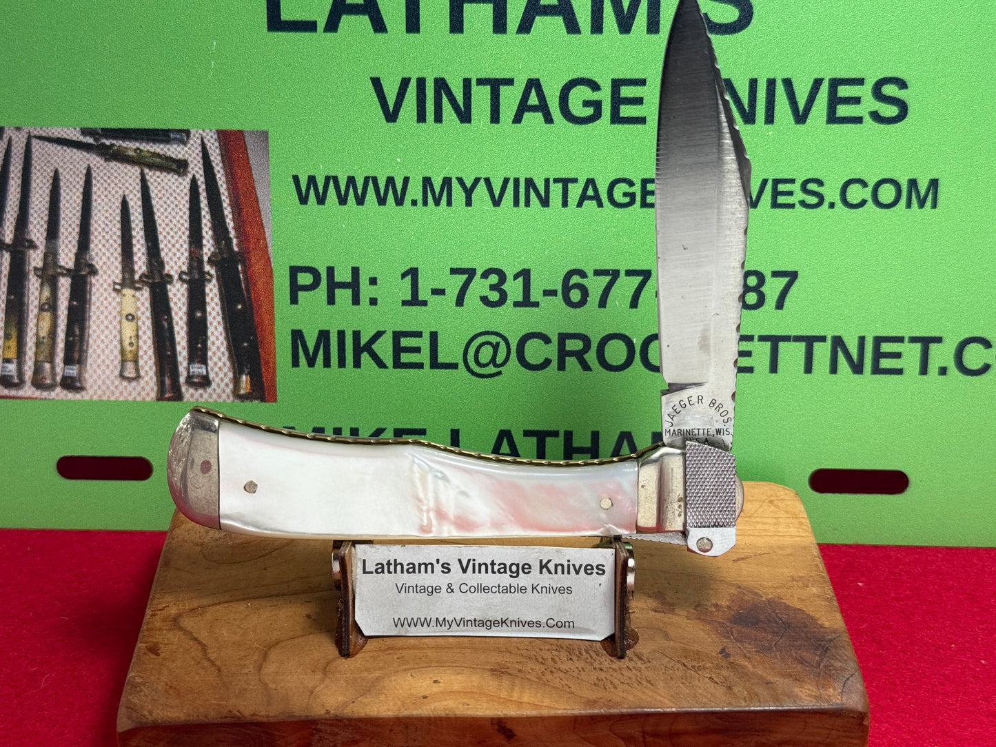 JAEGER BROS MARINETTE WIS. 1970-75 AERIAL KNIFE CO PARTS LEVER AUTOMATIC VINTAGE AMERICAN AUTOMATIC KNIFE PEARL HANDLES