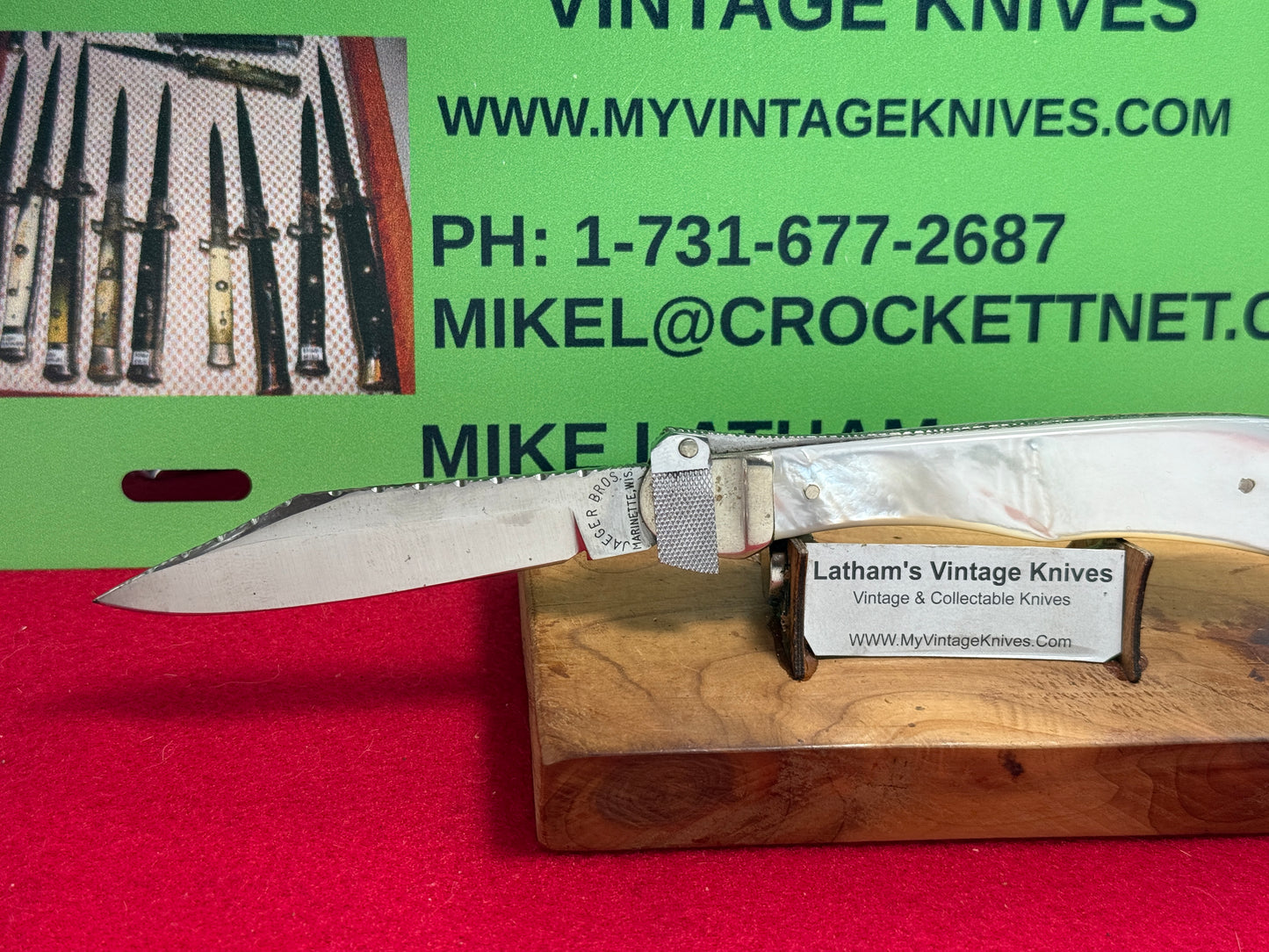 JAEGER BROS MARINETTE WIS. 1970-75 AERIAL KNIFE CO PARTS LEVER AUTOMATIC VINTAGE AMERICAN AUTOMATIC KNIFE PEARL HANDLES