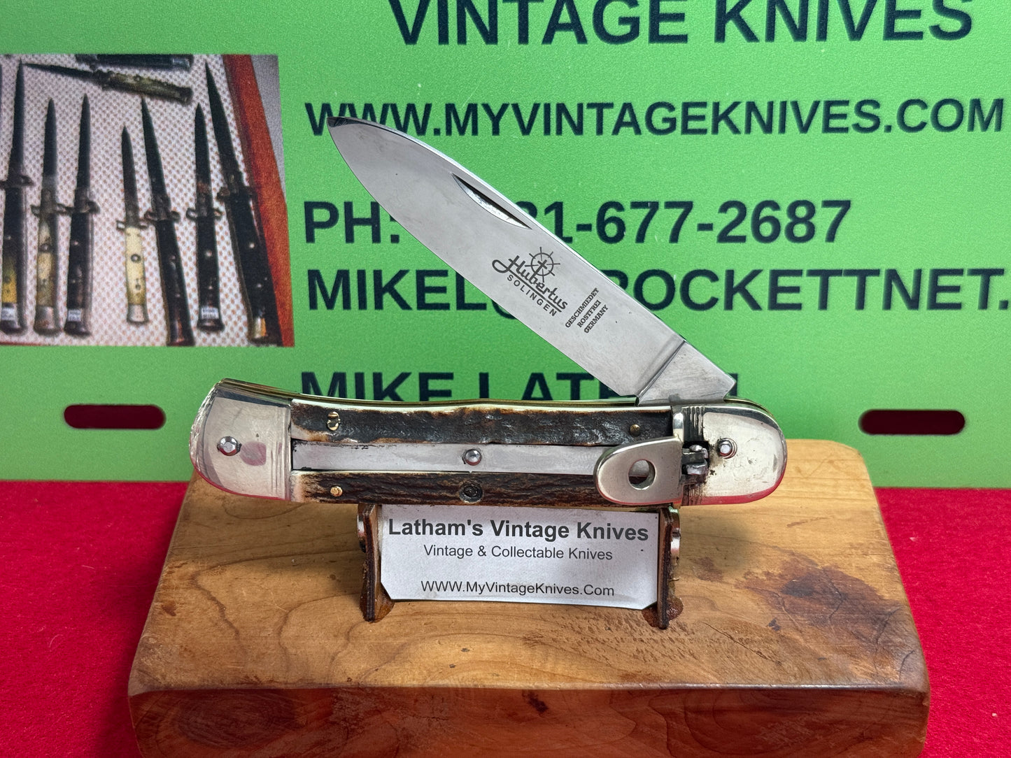 HUBERTUS SOLINGEN GERMANY 2005-2010 LEVER AUTOMATIC 11 CM GERMAN AUTOMATIC KNIFE STAG HANDLES