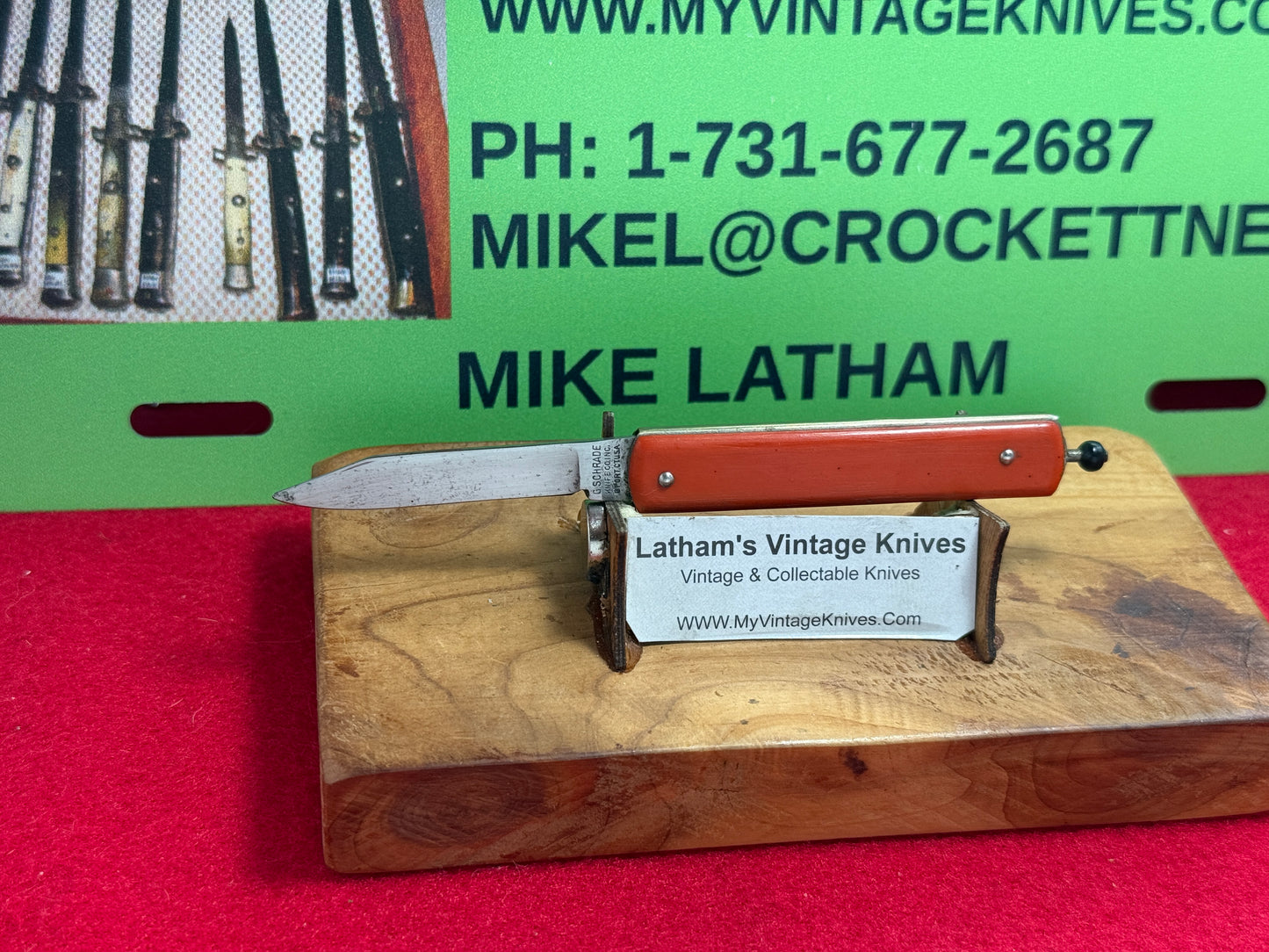 G. SCHRADE KNIFE CO. BRIDGEPORT CONN. 1929-56 PULL BALL RELEASE VINTAGE AMERICAN AUTOMATIC KNIFE RED COMPOSITION HANDLES
