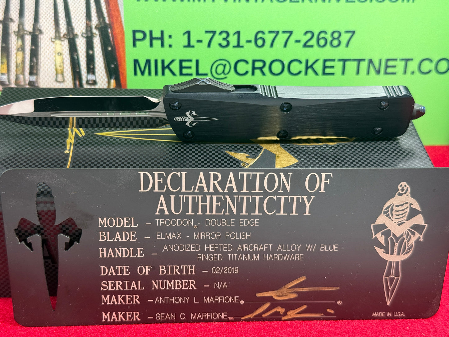 MICROTECK OTF TROODON CUSTOM MARFIONE 02/2019 DOUBLE EDGE MIRROR POLISH BLADE TACTICAL AUTOMATIC KNIFE BLUE RINGED TITANIUM