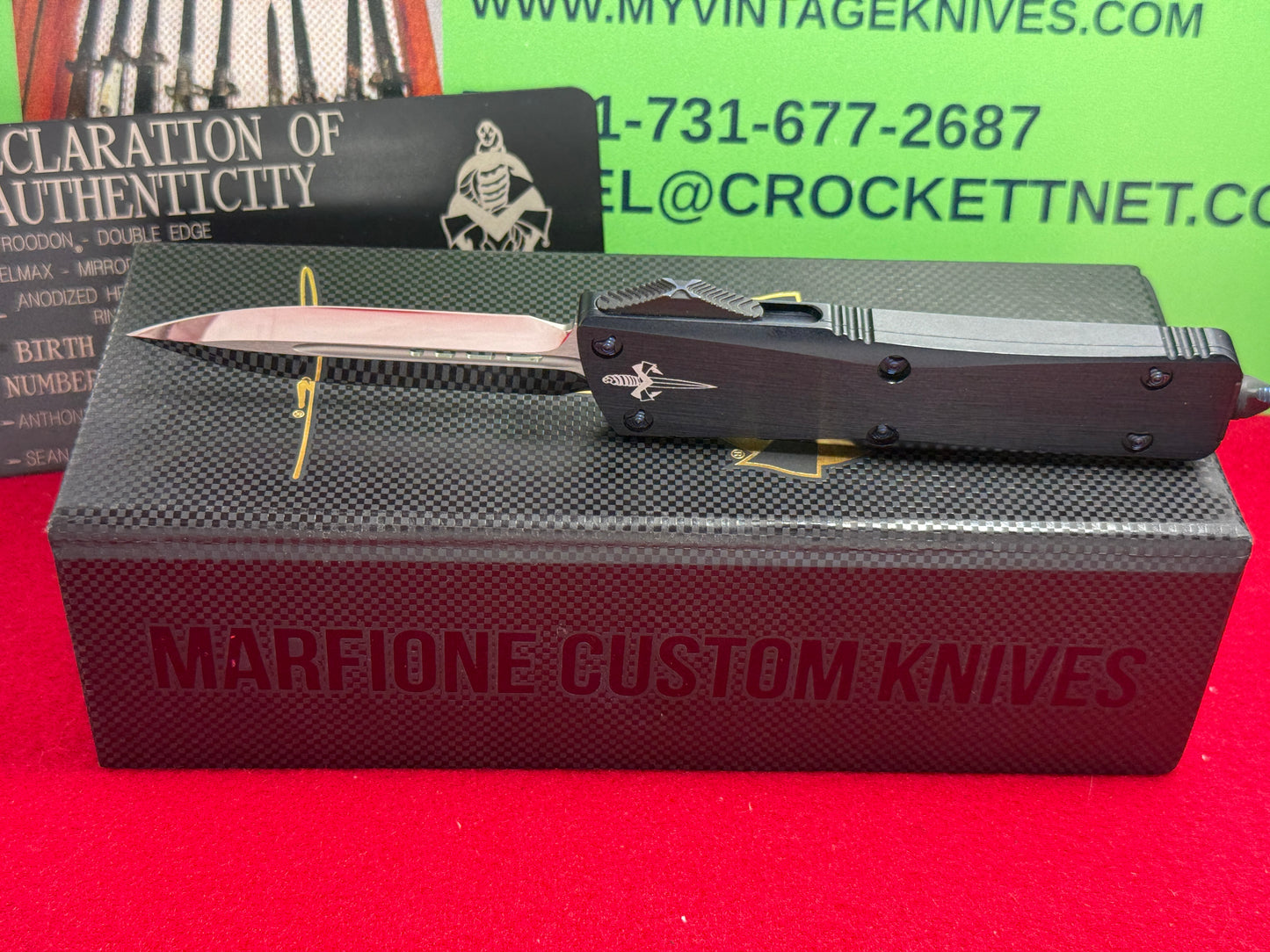 MICROTECK OTF TROODON CUSTOM MARFIONE 02/2019 DOUBLE EDGE MIRROR POLISH BLADE TACTICAL AUTOMATIC KNIFE BLUE RINGED TITANIUM