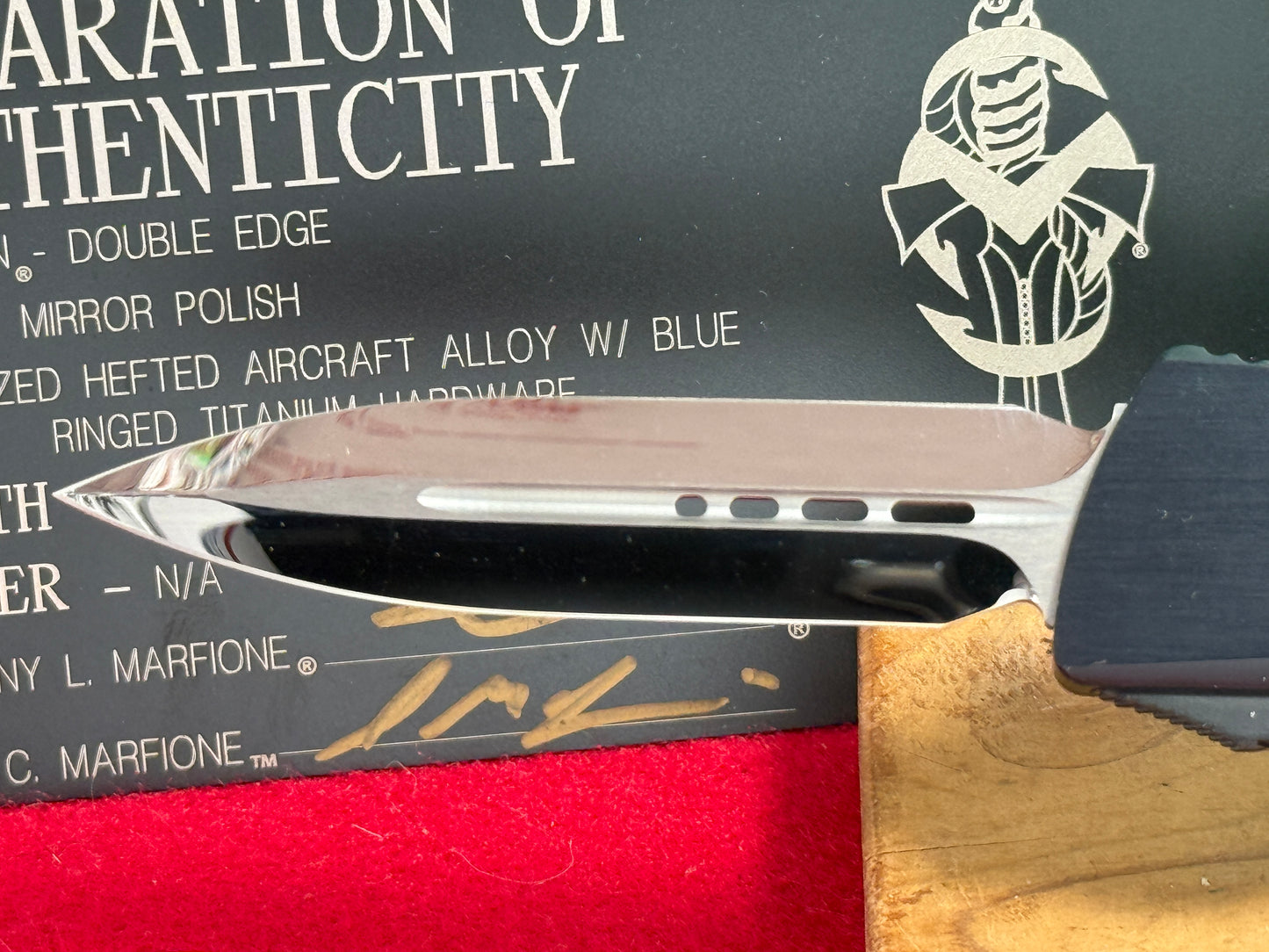 MICROTECK OTF TROODON CUSTOM MARFIONE 02/2019 DOUBLE EDGE MIRROR POLISH BLADE TACTICAL AUTOMATIC KNIFE BLUE RINGED TITANIUM