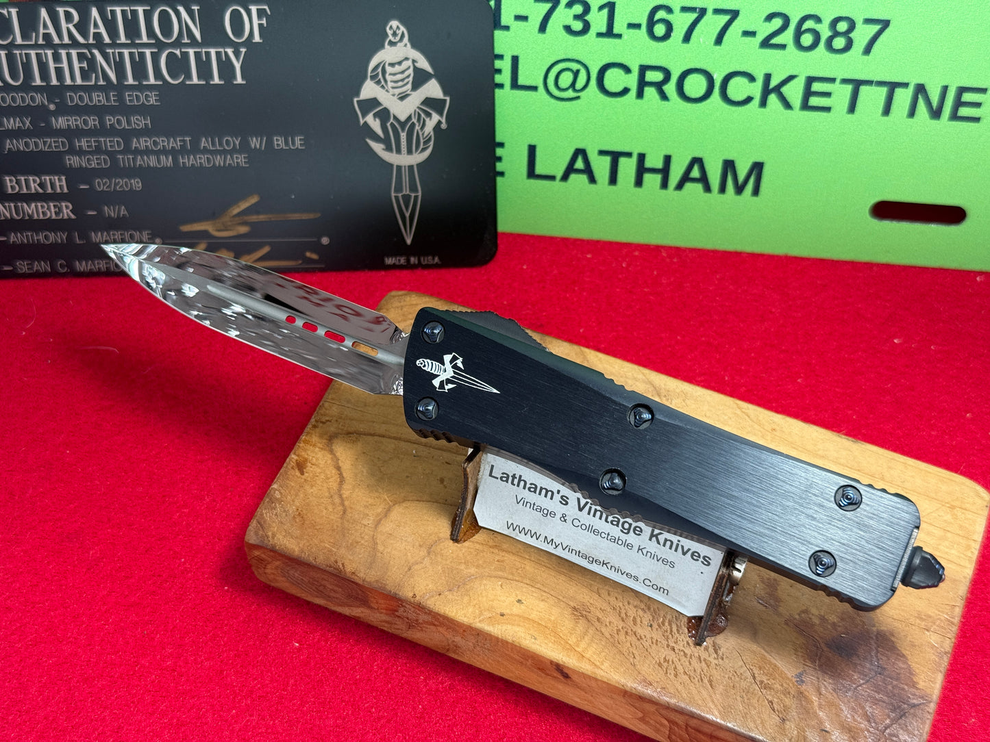 MICROTECK OTF TROODON CUSTOM MARFIONE 02/2019 DOUBLE EDGE MIRROR POLISH BLADE TACTICAL AUTOMATIC KNIFE BLUE RINGED TITANIUM