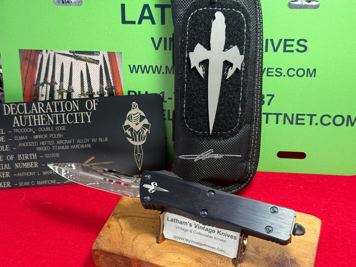 MICROTECK OTF TROODON CUSTOM MARFIONE 02/2019 DOUBLE EDGE MIRROR POLISH BLADE TACTICAL AUTOMATIC KNIFE BLUE RINGED TITANIUM