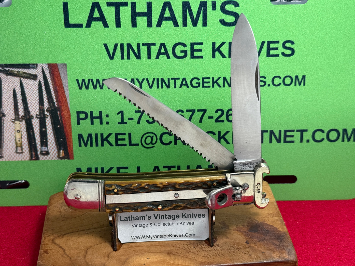 G. GRAFRATH SOLINGEN GERMANY 1955-65 LEVER AUTOMATIC CAMPER SHELL PULLER GERMAN AUTOMATIC KNIFE STAG HANDLES