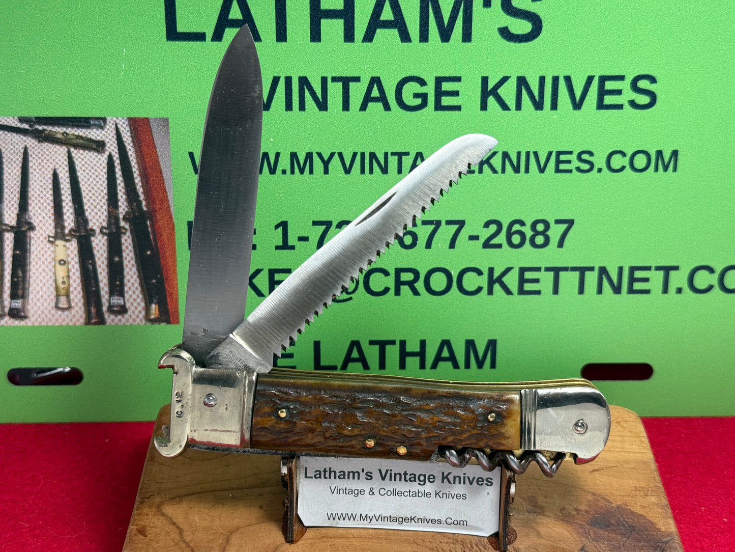G. GRAFRATH SOLINGEN GERMANY 1955-65 LEVER AUTOMATIC CAMPER SHELL PULLER GERMAN AUTOMATIC KNIFE STAG HANDLES