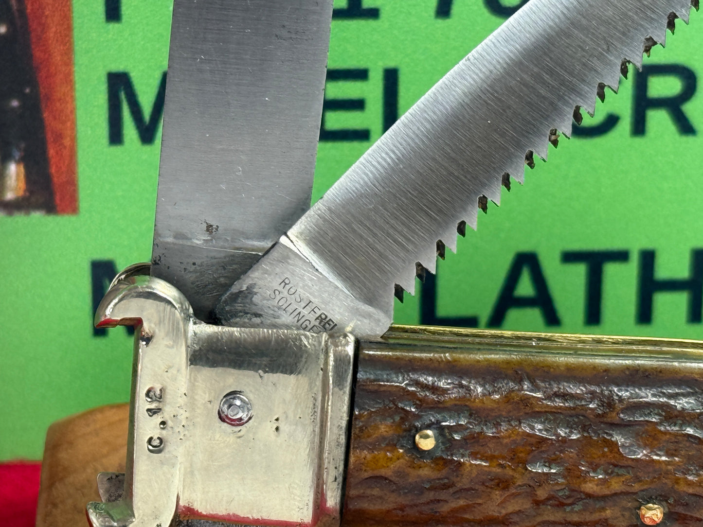 G. GRAFRATH SOLINGEN GERMANY 1955-65 LEVER AUTOMATIC CAMPER SHELL PULLER GERMAN AUTOMATIC KNIFE STAG HANDLES