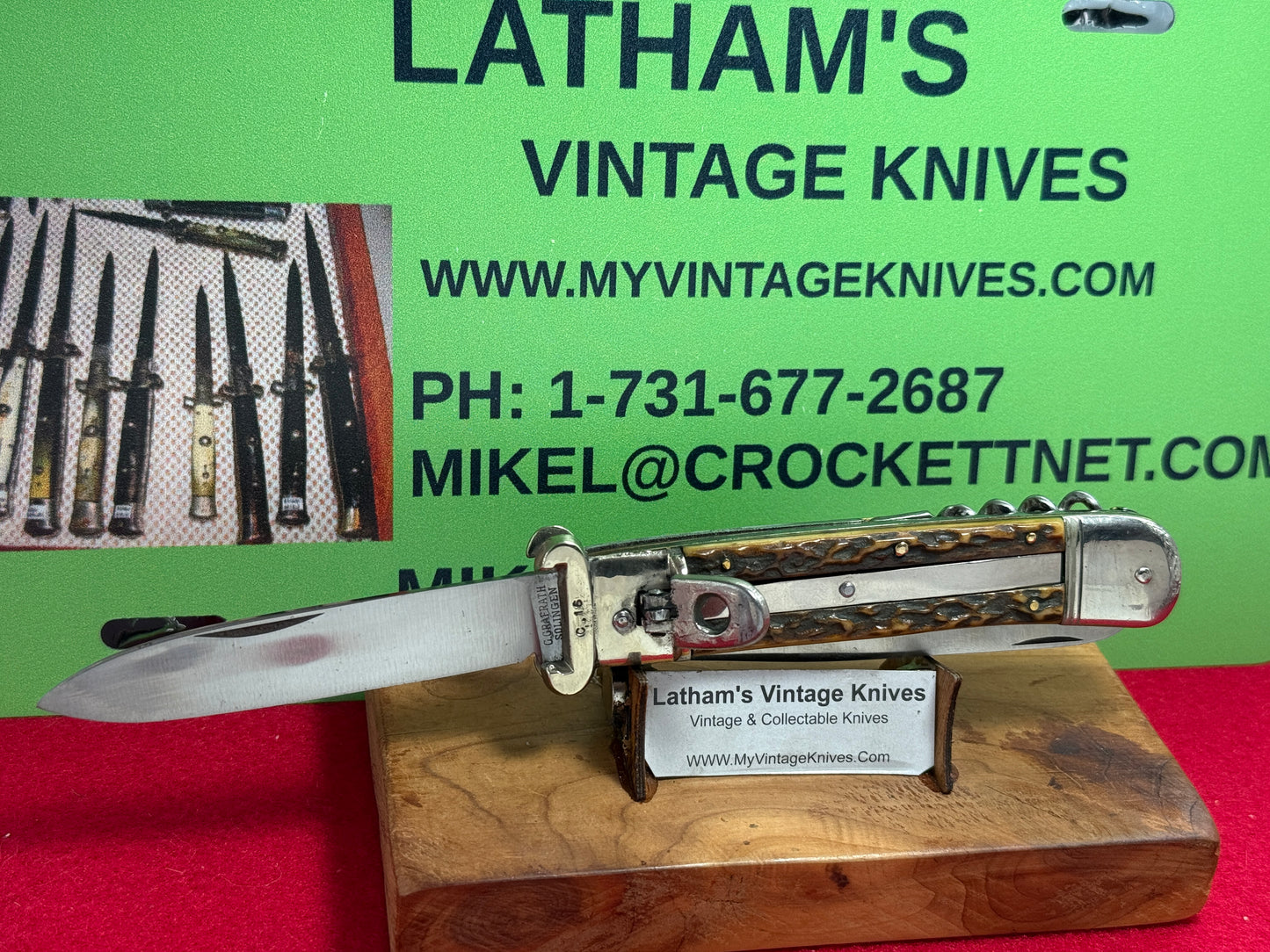 G. GRAFRATH SOLINGEN GERMANY 1955-65 LEVER AUTOMATIC CAMPER SHELL PULLER GERMAN AUTOMATIC KNIFE STAG HANDLES