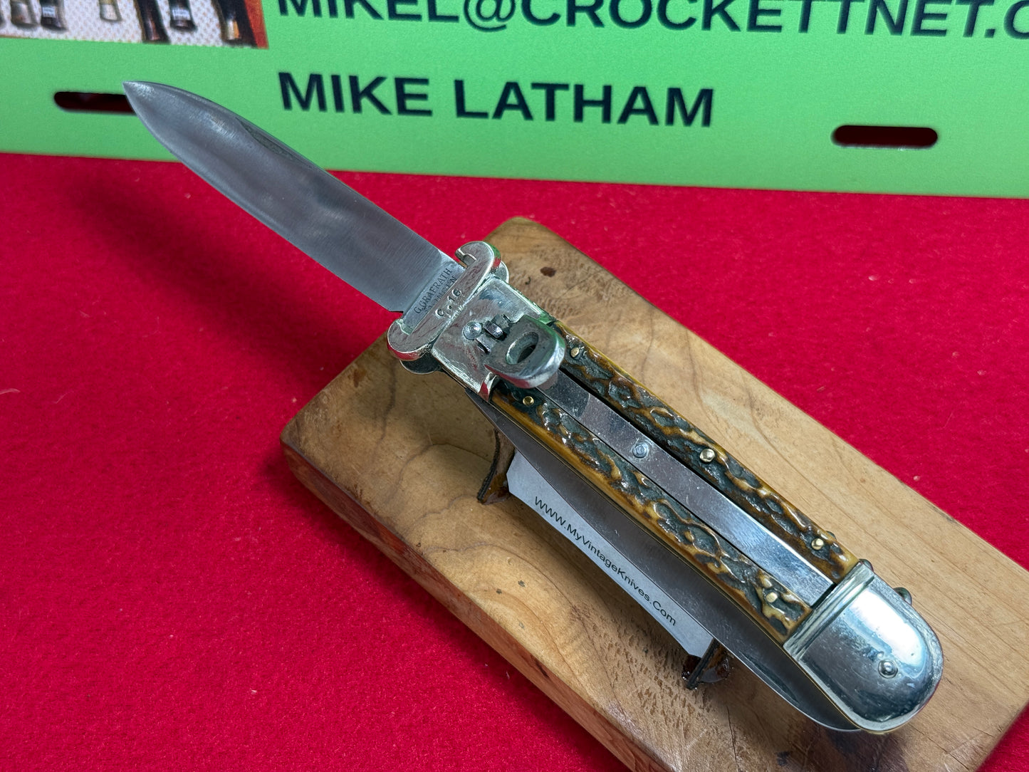 G. GRAFRATH SOLINGEN GERMANY 1955-65 LEVER AUTOMATIC CAMPER SHELL PULLER GERMAN AUTOMATIC KNIFE STAG HANDLES