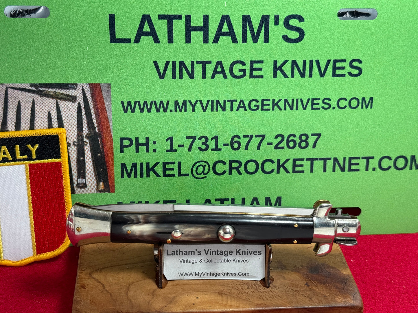 M. ITALY INOX IN CIRCLE 1958-60 PICK LOCK STILETTO 28 CM ITALIAN AUTOMATIC KNIFE BUFFALO HORN HANDLES