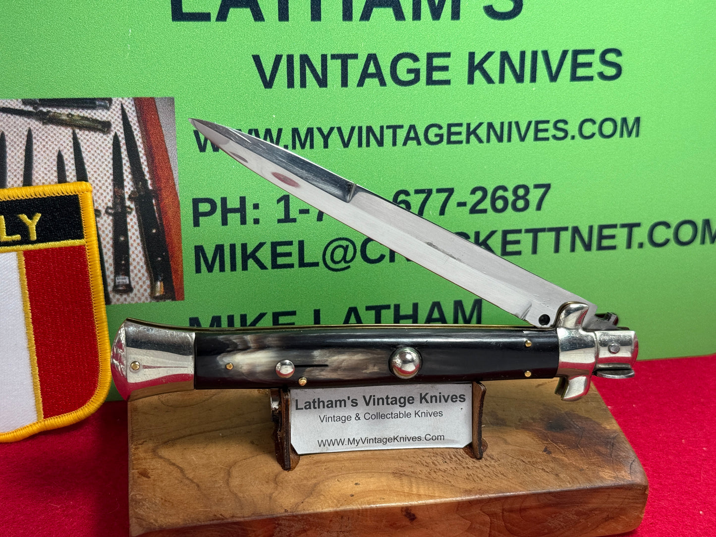 M. ITALY INOX IN CIRCLE 1958-60 PICK LOCK STILETTO 28 CM ITALIAN AUTOMATIC KNIFE BUFFALO HORN HANDLES