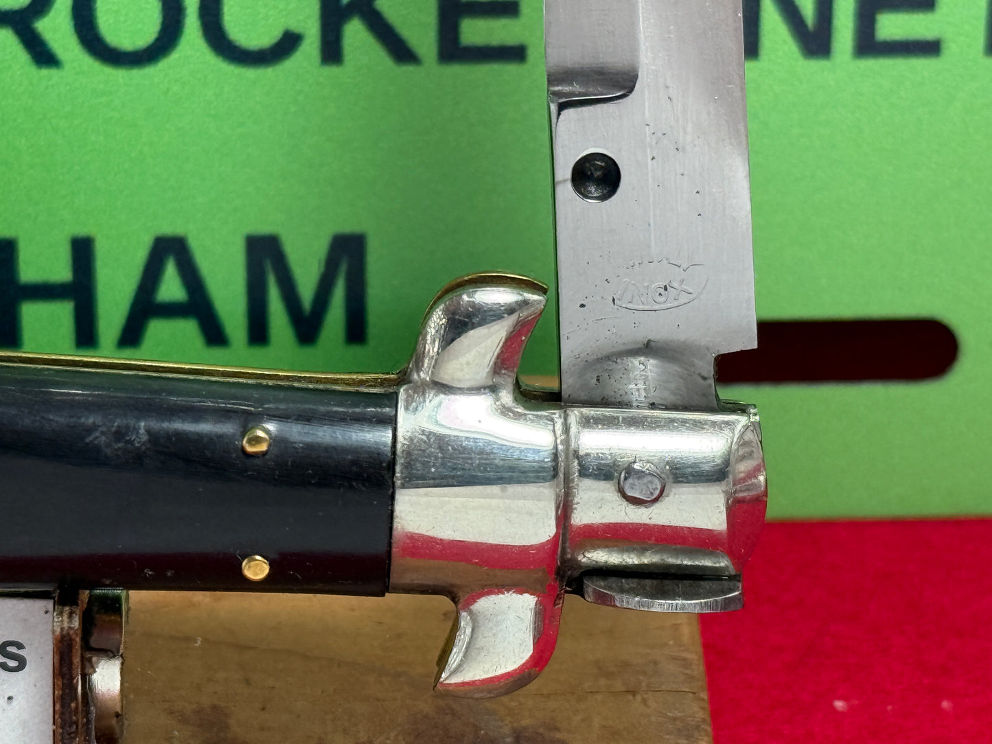 M. ITALY INOX IN CIRCLE 1958-60 PICK LOCK STILETTO 28 CM ITALIAN AUTOMATIC KNIFE BUFFALO HORN HANDLES