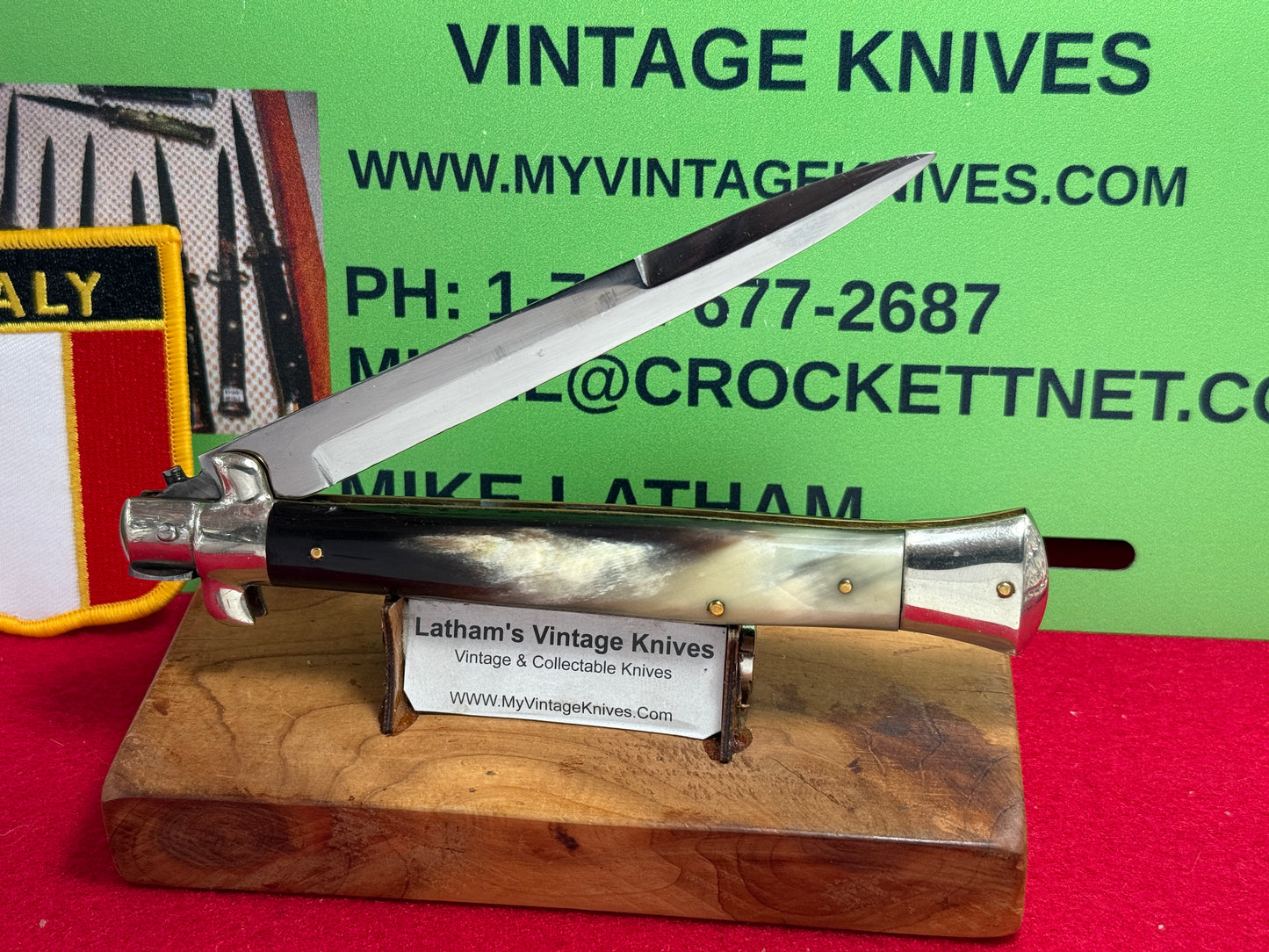M. ITALY INOX IN CIRCLE 1958-60 PICK LOCK STILETTO 28 CM ITALIAN AUTOMATIC KNIFE BUFFALO HORN HANDLES