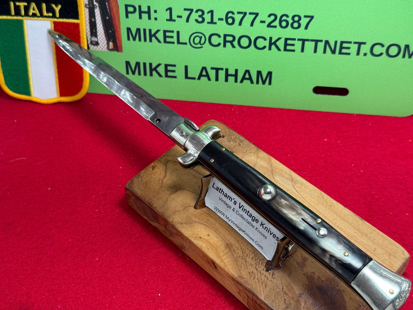 M. ITALY INOX IN CIRCLE 1958-60 PICK LOCK STILETTO 28 CM ITALIAN AUTOMATIC KNIFE BUFFALO HORN HANDLES
