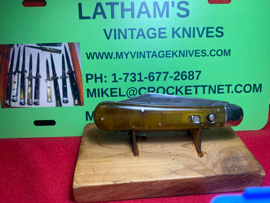 SCHRADE CUT. WALDEN NY 1916-46 FOREST KING 4 7/8" VINTAGE AMERICAN AUTOMATIC KNIFE YELLOW CELLULOID TRANSLUCENT HANDLES