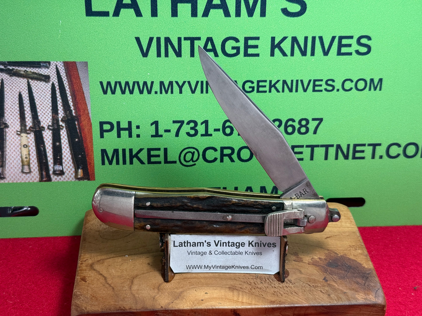 KA-BAR UNION CUT CO. OLEAN N.Y. USA 1923-33 LEVER AUTOMATIC FLAT BLADE RARE VINTAGE AMERICAN AUTOMATIC KNIFE STAG HANDLES