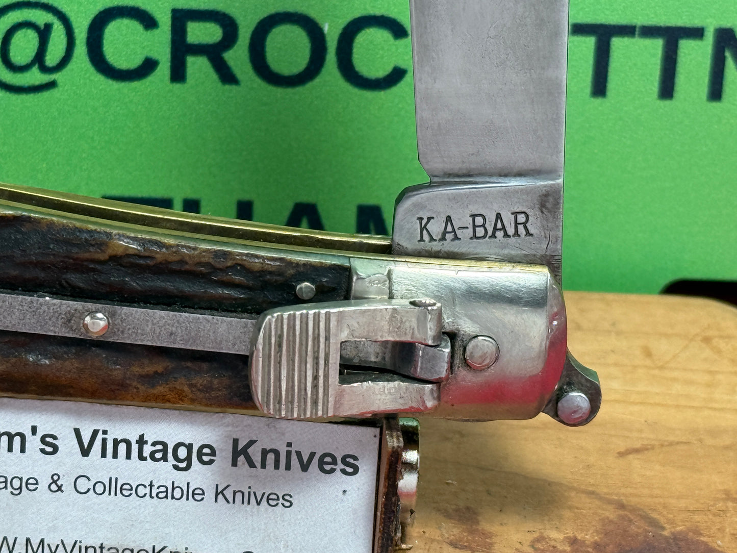 KA-BAR UNION CUT CO. OLEAN N.Y. USA 1923-33 LEVER AUTOMATIC FLAT BLADE RARE VINTAGE AMERICAN AUTOMATIC KNIFE STAG HANDLES