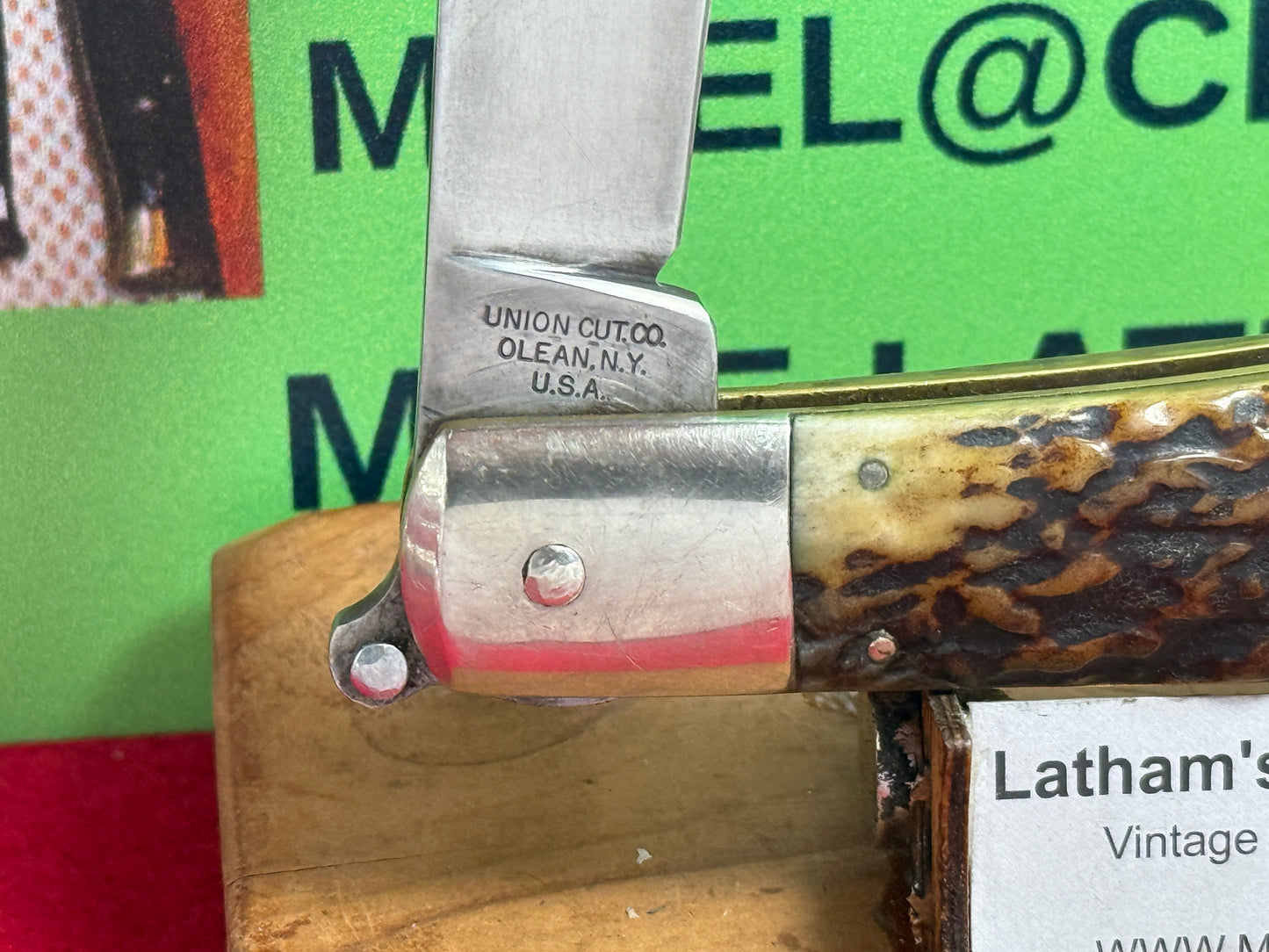 KA-BAR UNION CUT CO. OLEAN N.Y. USA 1923-33 LEVER AUTOMATIC FLAT BLADE RARE VINTAGE AMERICAN AUTOMATIC KNIFE STAG HANDLES