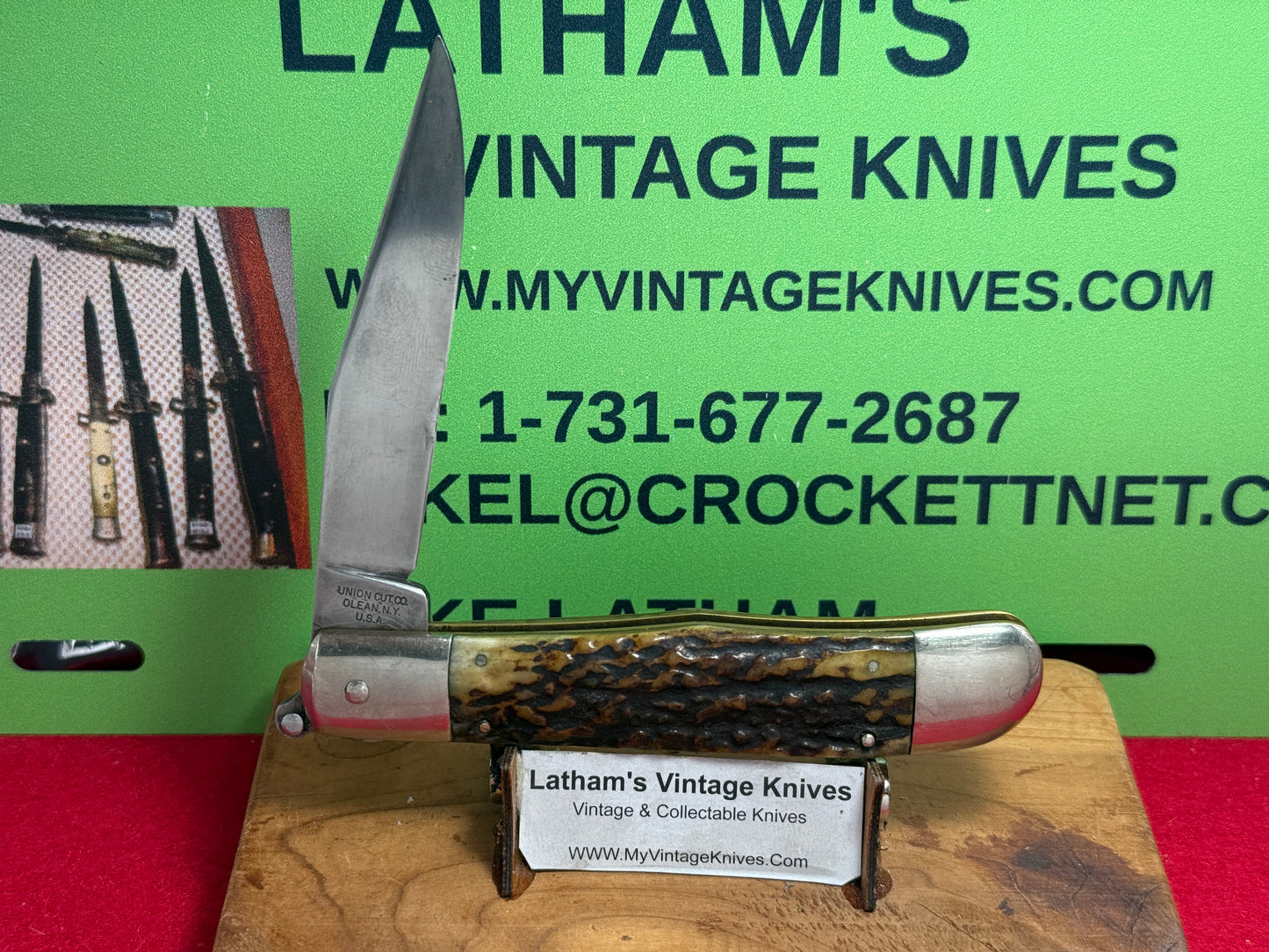 KA-BAR UNION CUT CO. OLEAN N.Y. USA 1923-33 LEVER AUTOMATIC FLAT BLADE RARE VINTAGE AMERICAN AUTOMATIC KNIFE STAG HANDLES
