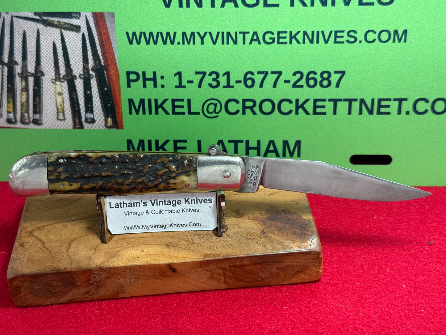 KA-BAR UNION CUT CO. OLEAN N.Y. USA 1923-33 LEVER AUTOMATIC FLAT BLADE RARE VINTAGE AMERICAN AUTOMATIC KNIFE STAG HANDLES