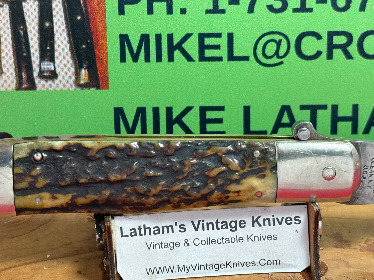 KA-BAR UNION CUT CO. OLEAN N.Y. USA 1923-33 LEVER AUTOMATIC FLAT BLADE RARE VINTAGE AMERICAN AUTOMATIC KNIFE STAG HANDLES
