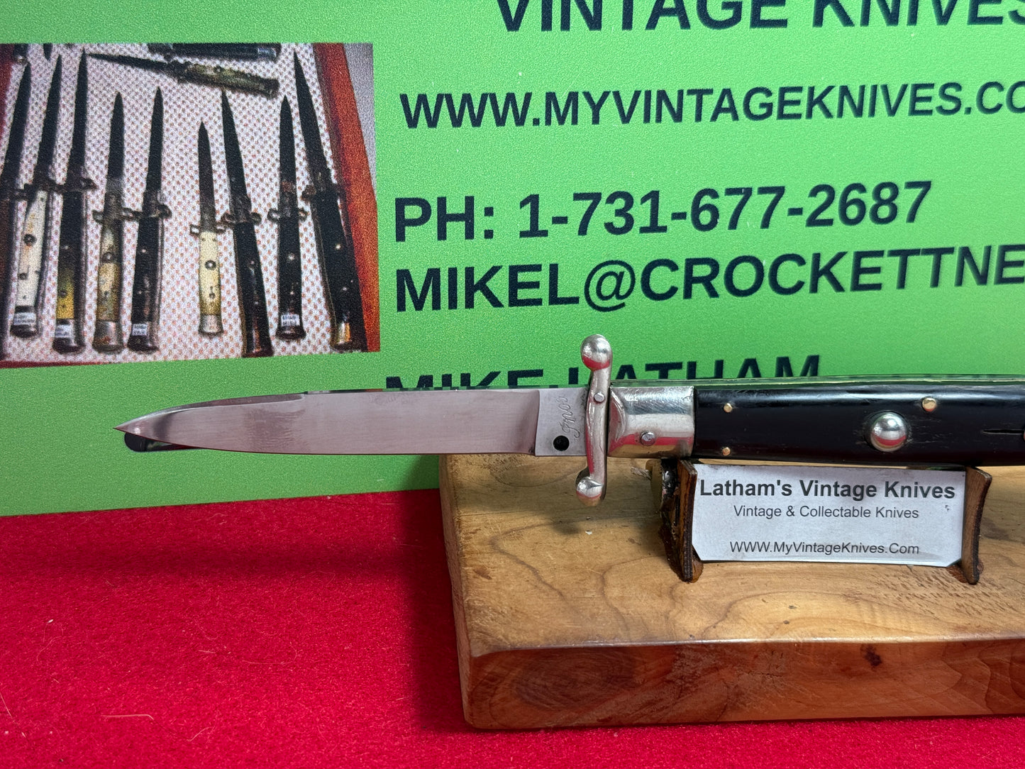 INOX PATENT ITALY 1960-65 SWING GUARD LOCK BACK 20 CM ITALIAN AUTOMATIC KNIFE BUFFALO HORN HANDLES