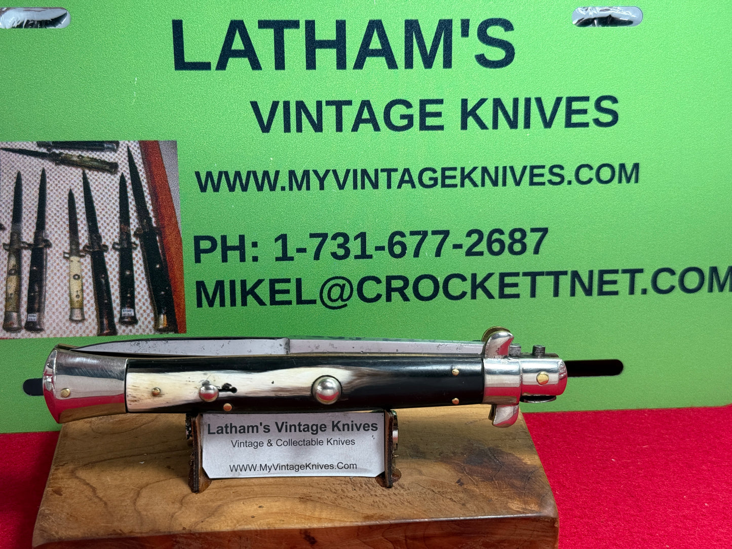 LATAMA ITALY BOX STAMP 1950-56 PICK LOCK STILETTO 28 CM ITALIAN AUTOMATIC KNIFE BRAZILIAN HORN HANDLES
