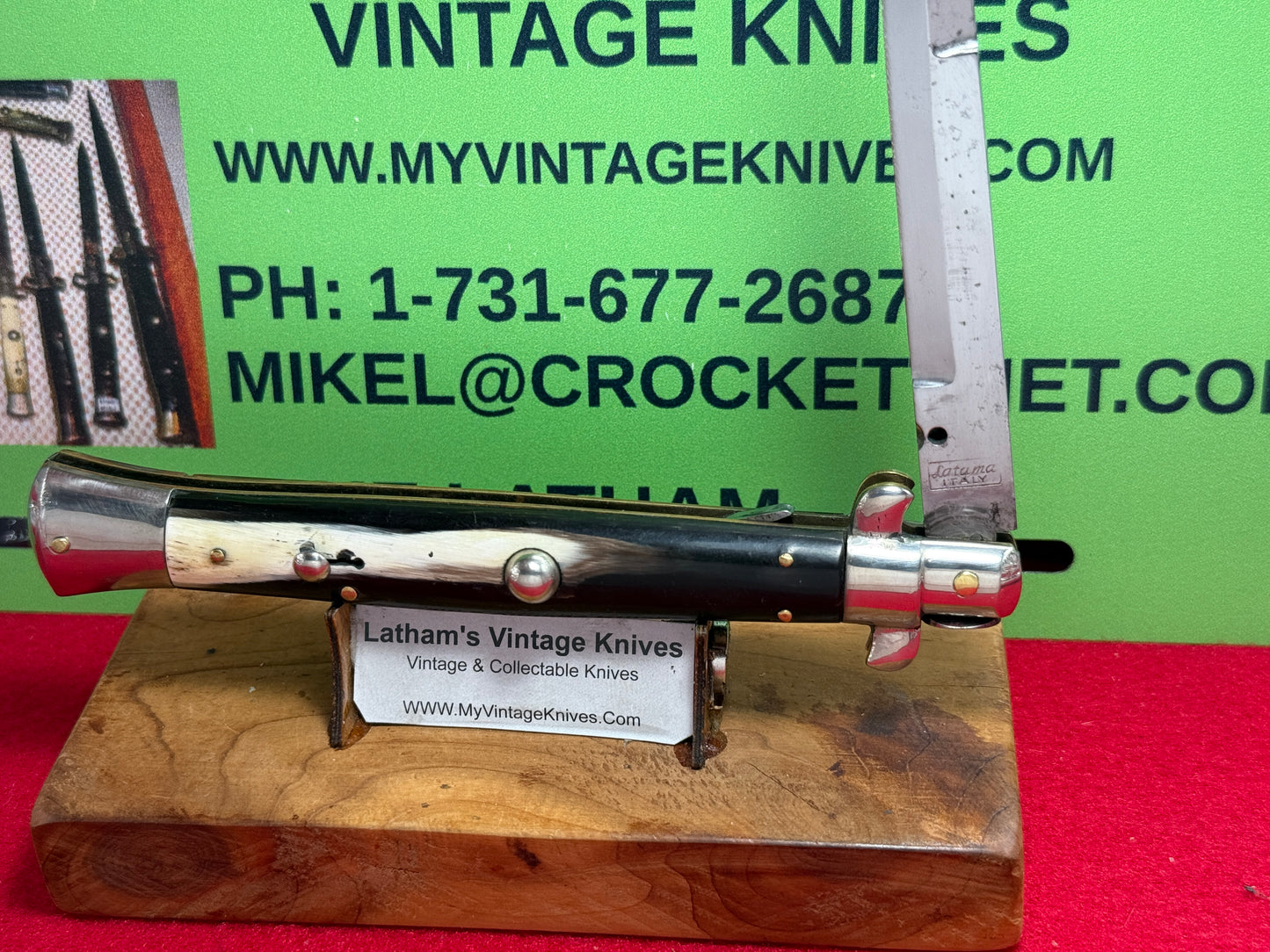 LATAMA ITALY BOX STAMP 1950-56 PICK LOCK STILETTO 28 CM ITALIAN AUTOMATIC KNIFE BRAZILIAN HORN HANDLES