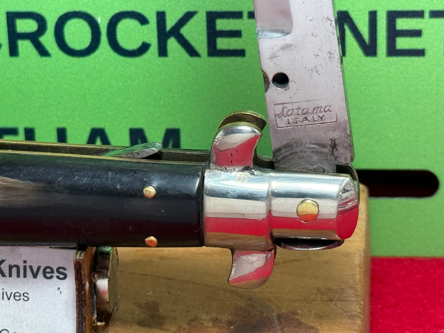 LATAMA ITALY BOX STAMP 1950-56 PICK LOCK STILETTO 28 CM ITALIAN AUTOMATIC KNIFE BRAZILIAN HORN HANDLES