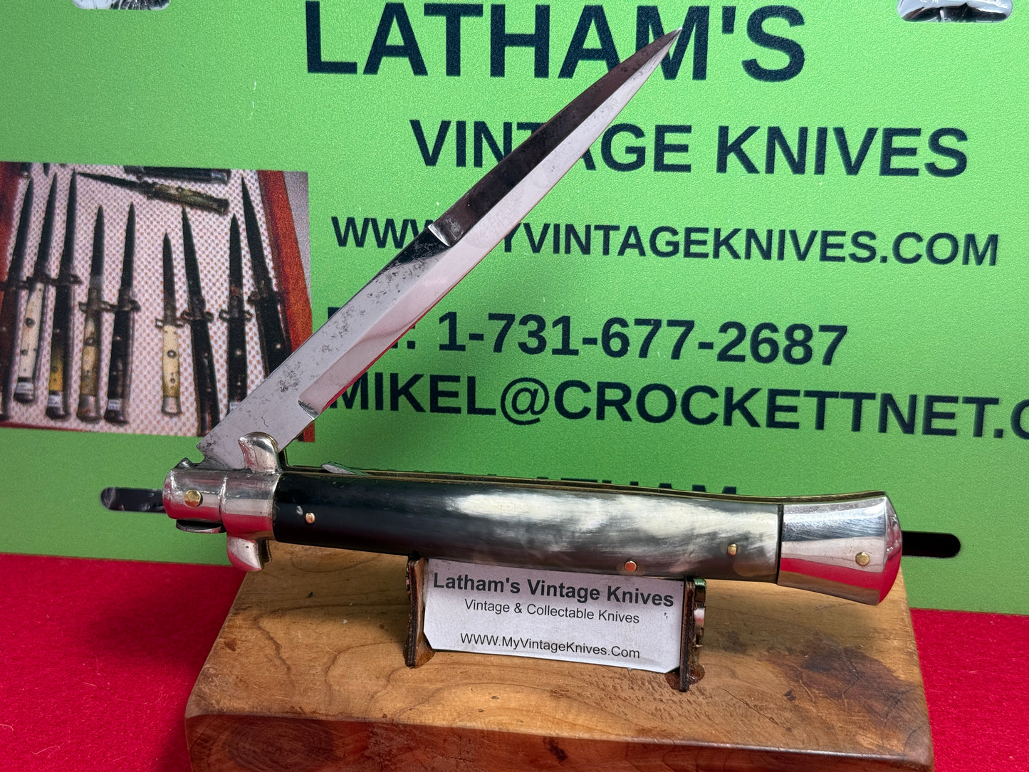 LATAMA ITALY BOX STAMP 1950-56 PICK LOCK STILETTO 28 CM ITALIAN AUTOMATIC KNIFE BRAZILIAN HORN HANDLES