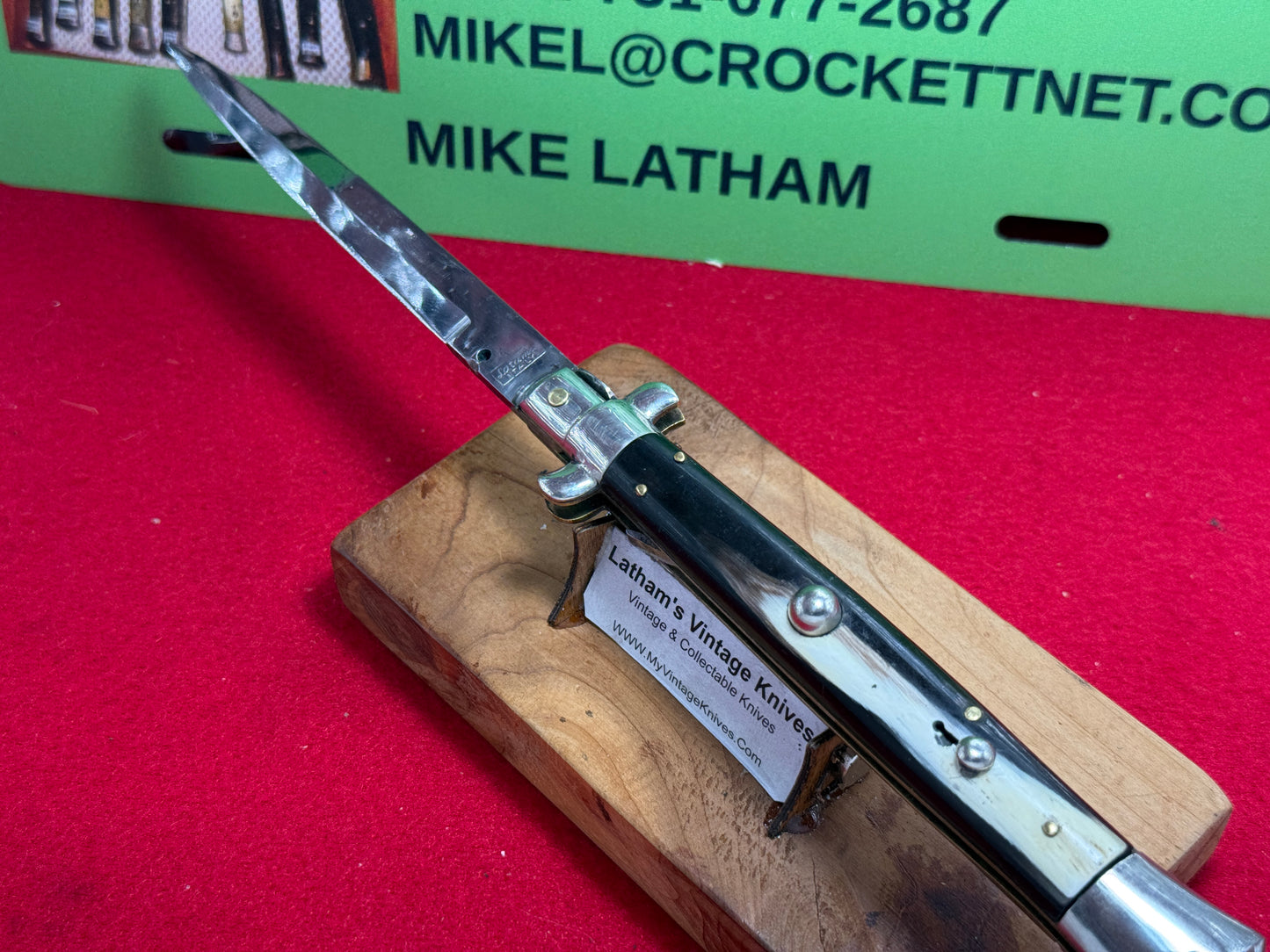 LATAMA ITALY BOX STAMP 1950-56 PICK LOCK STILETTO 28 CM ITALIAN AUTOMATIC KNIFE BRAZILIAN HORN HANDLES