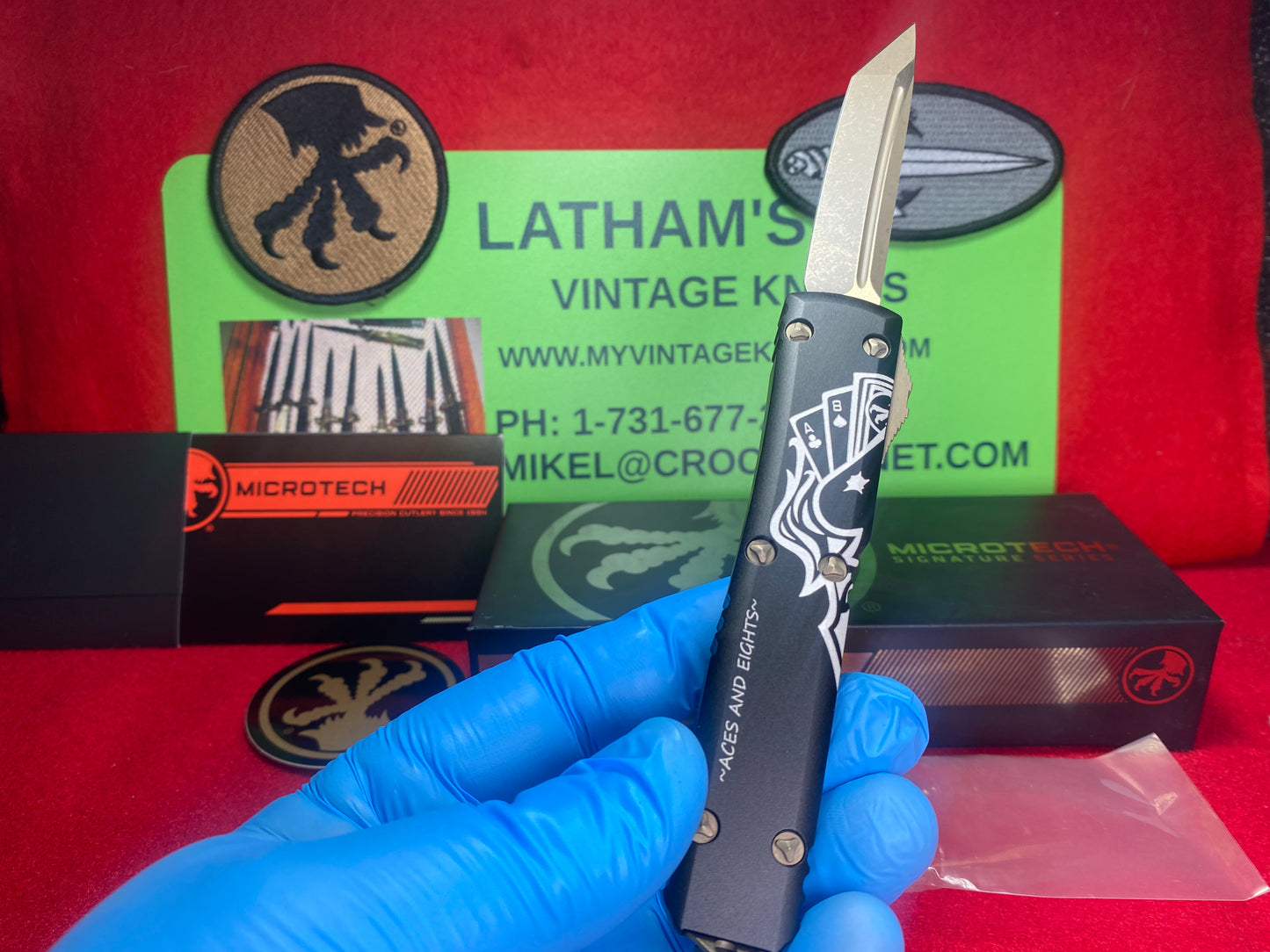MICROTECH ULTRATECH T/E OTF 04/2023 SIGNATURE SERIES DEAD MAN'S HAND 123-13 DMS TACTICAL AUTOMATIC KNIFE BLACK HANDLES WITH ACES AND EIGHTS ETCH